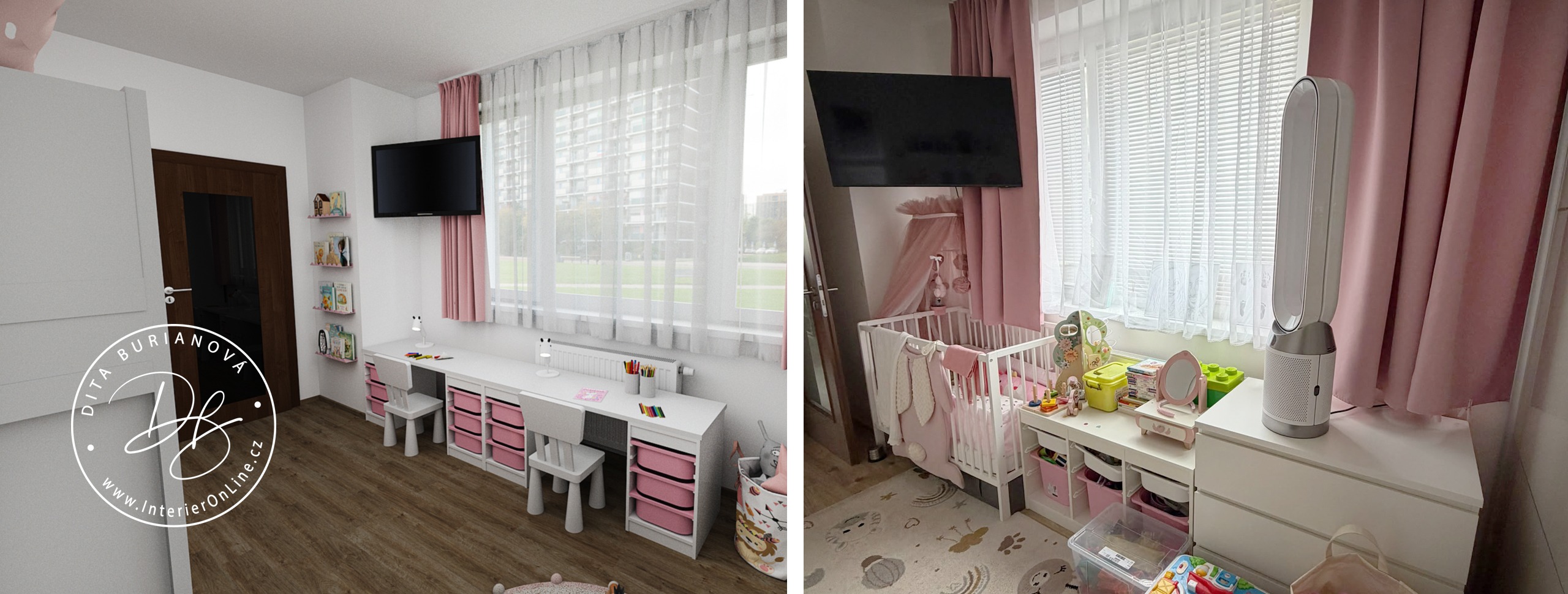Návrh dětského pokoje v bytě 2kk se skříněmi Ikea Pax a Ikea Trofast