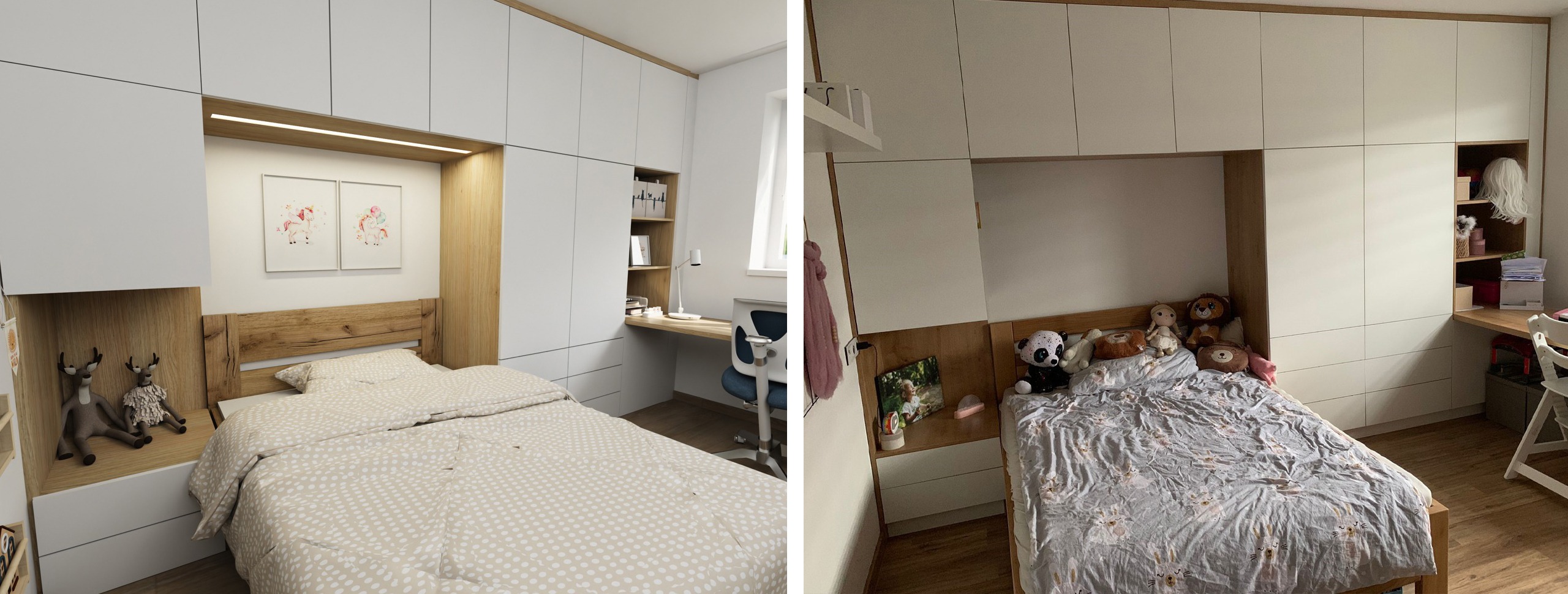 Moderní dívčí pokoj s postelí 120 cm z masivu a nábytkovou stěnou na míru