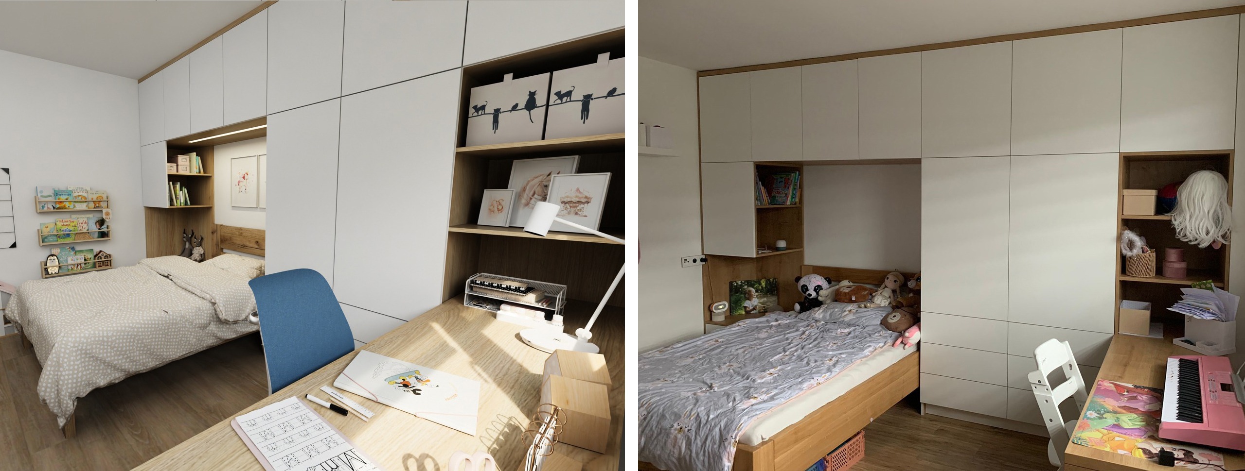 Moderní dívčí pokoj s postelí 120 cm z masivu a nábytkovou stěnou na míru