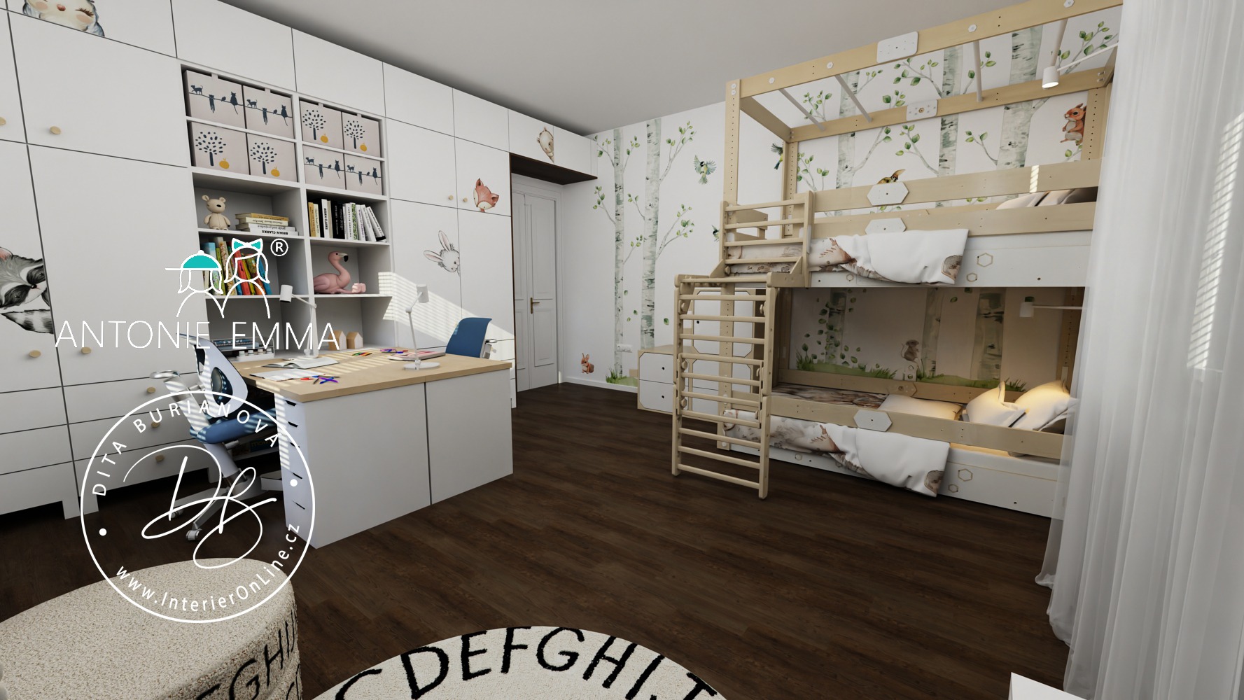 Moderní dětský pokoj pro dvě děti v předškolním věku s postelí Manu a Ikea Platsa