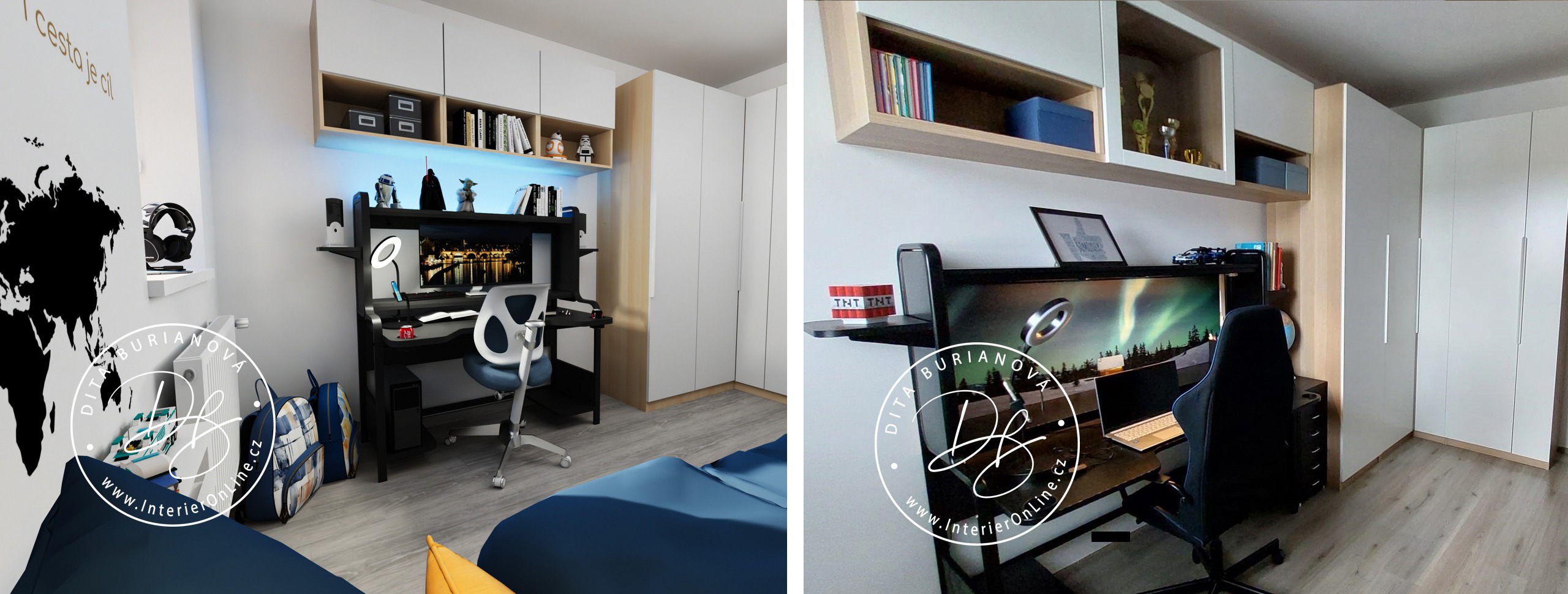 Podkrovní dětský pokoj pro kluka s herním PC stolem s LED podsvícením a šatní skříní IKEA Pax