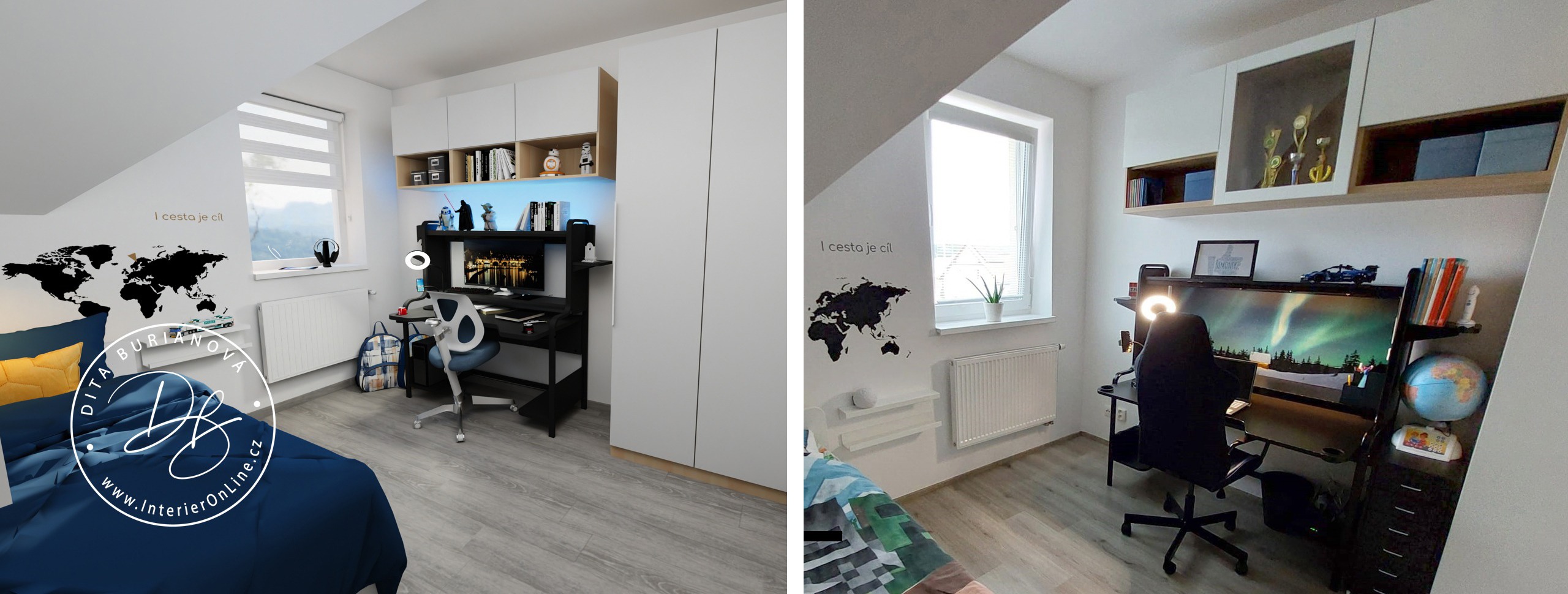 Moderní klukovský pokoj v podkroví s herním koutkem a nástěnnými skříňkami IKEA Bestå