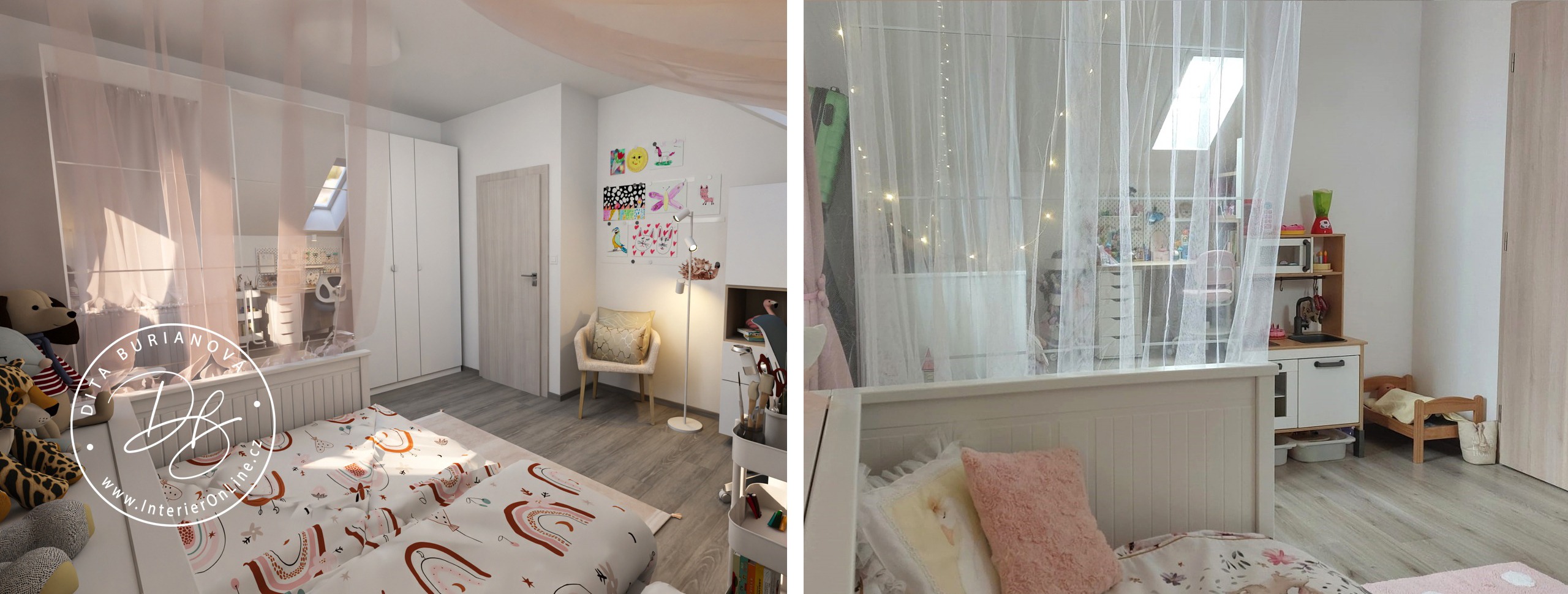 Romantický dětský pokoj v podkroví se skříní Ikea Pax, skříňkami IKEA Bestå a samolepkou kočky na zdi