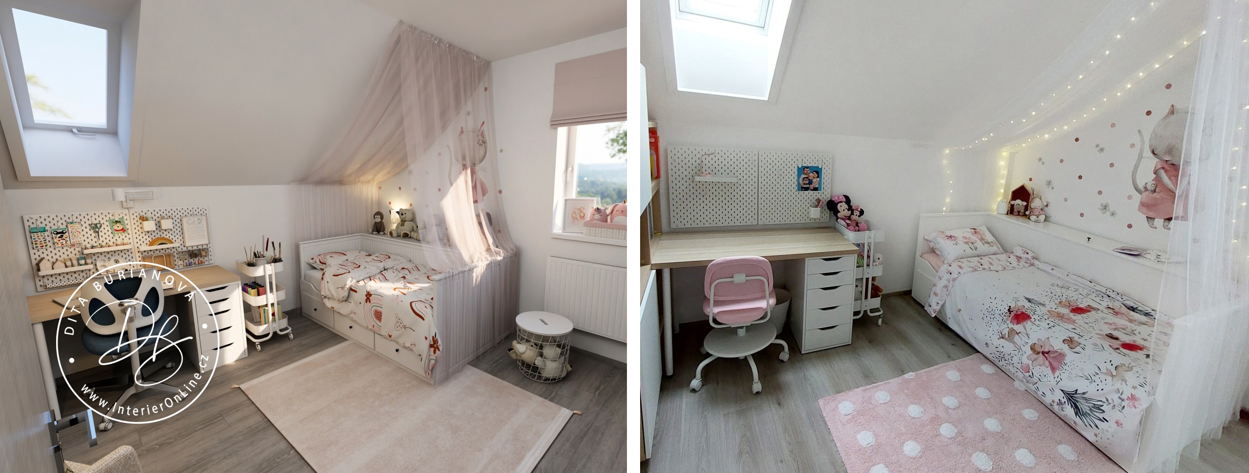 Dívčí podkrovní pokojík s nebesy nad postelí IKEA Hemnes a zrcadlovou šatní skříní Pax