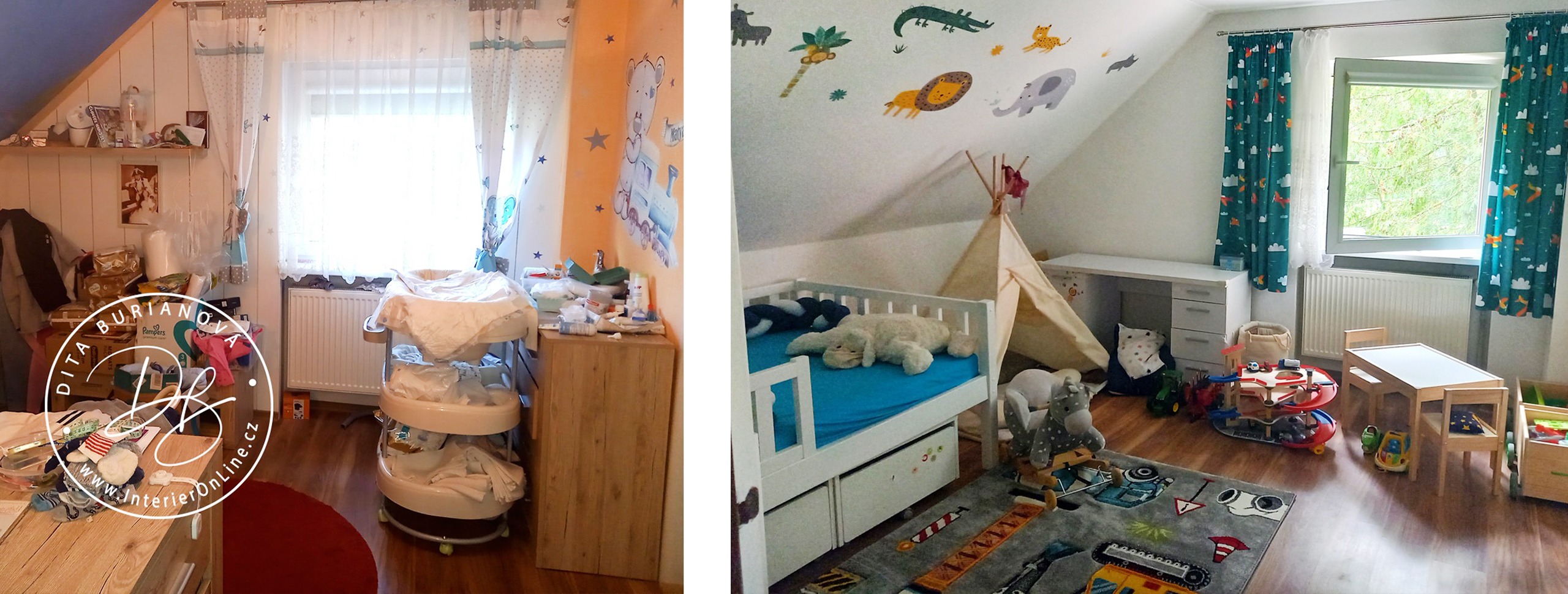 Veselý podkrovní pokoj pro kluka s Ikea Platsa, Ikea Trofast a barevnými samolepkami na zdi