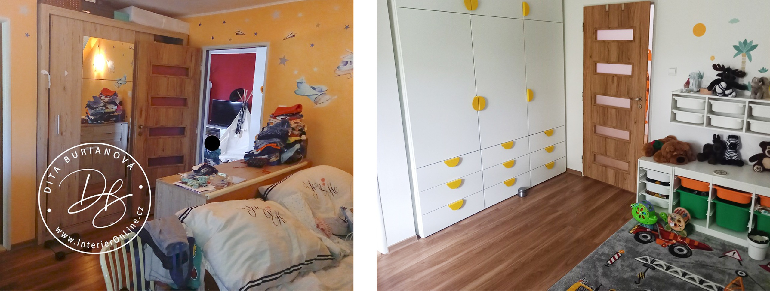 Chlapecký pokojík v podkroví se skříněmi IKEA Platsa se žlutými úchytkami