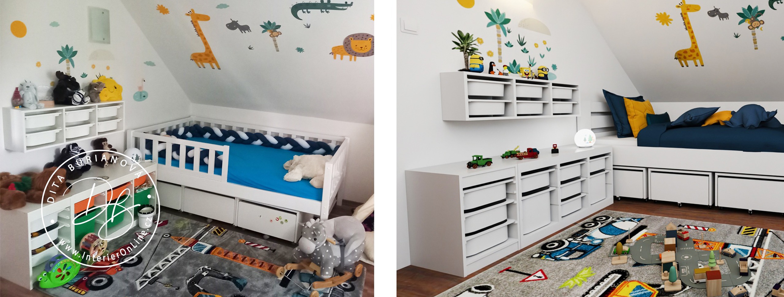 Dětský pokoj pro kluka s úložnými regály IKEA Trofast na hračky a samolepkami fugu