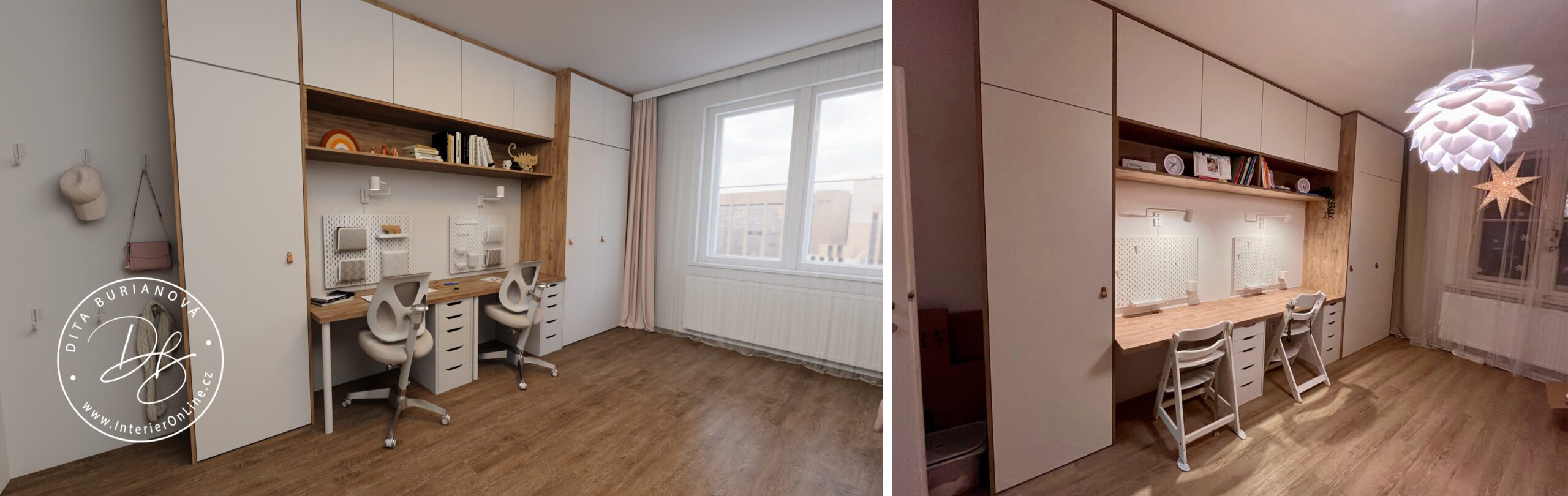 Moderní pokoj pro dvě sestry s velkou vestavnou skříní na míru a postelemi IKEA Släkt