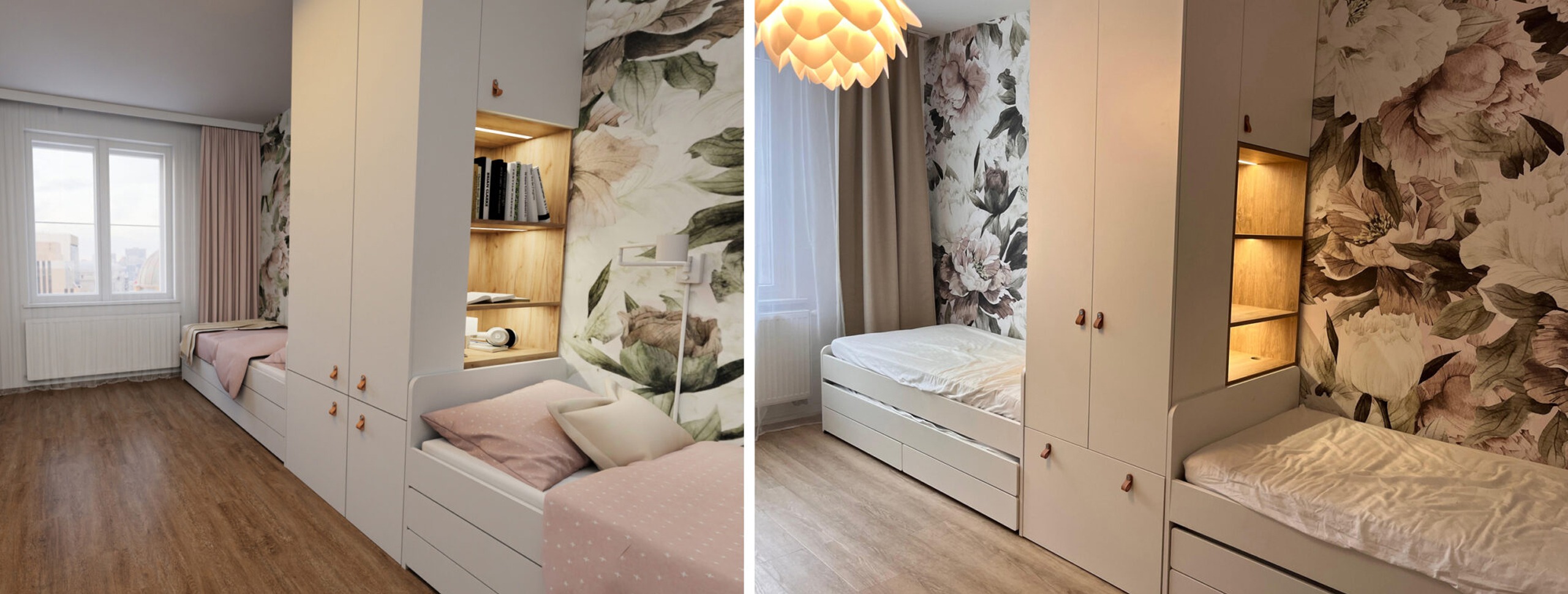 Společný dívčí pokojík se dvěma bílými postelemi IKEA Släkt a výraznou tapetou s květinami