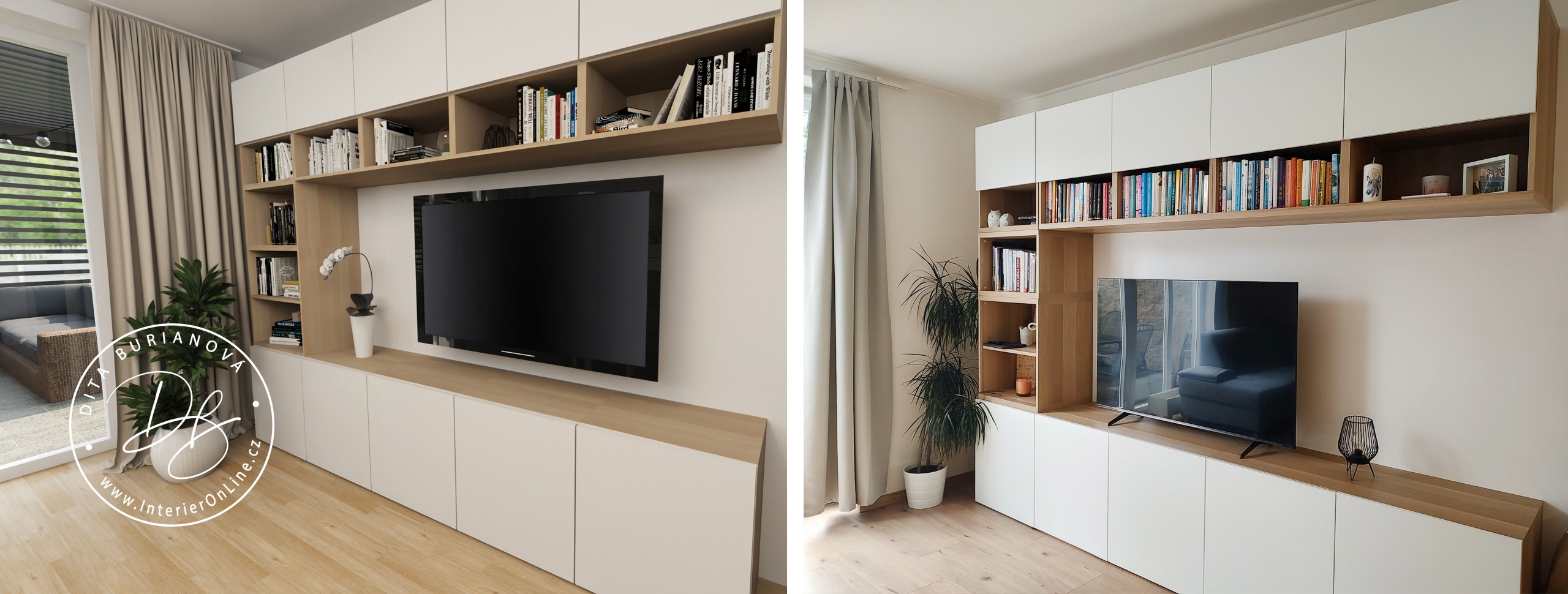 Moderní televizní stěna sestavená z bílého modulárního nábytku IKEA Bestå v obýváku