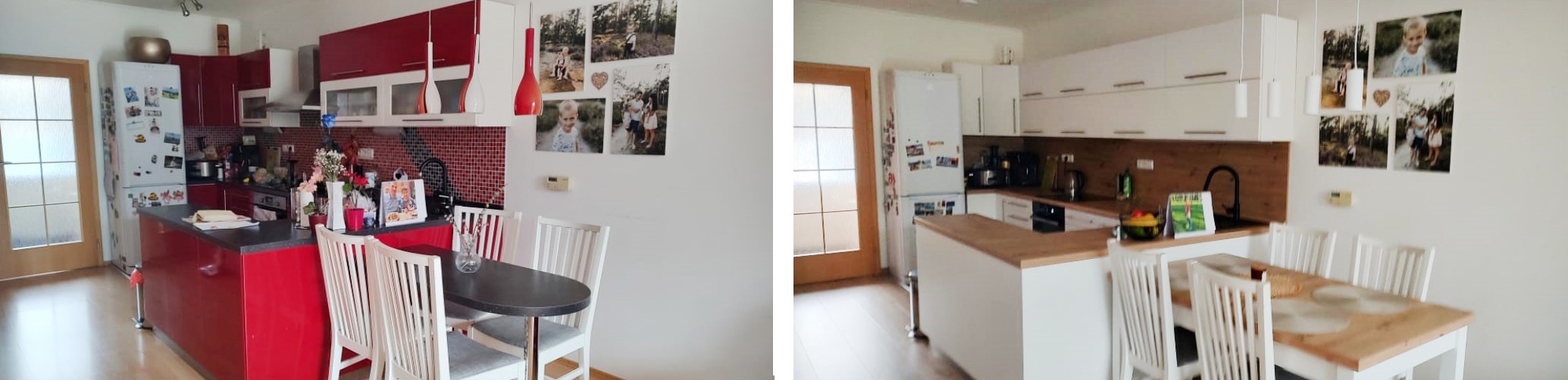 Renovovaná kuchyňská linka propojená s novým moderním jídelním koutem v bytě