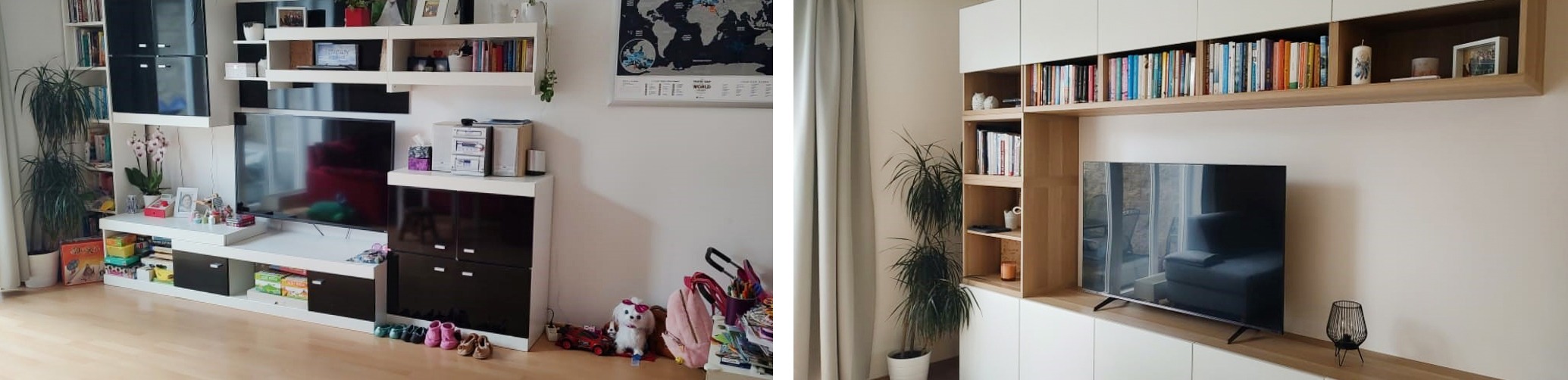 Moderní televizní stěna sestavená z bílého modulárního nábytku IKEA Bestå v obýváku