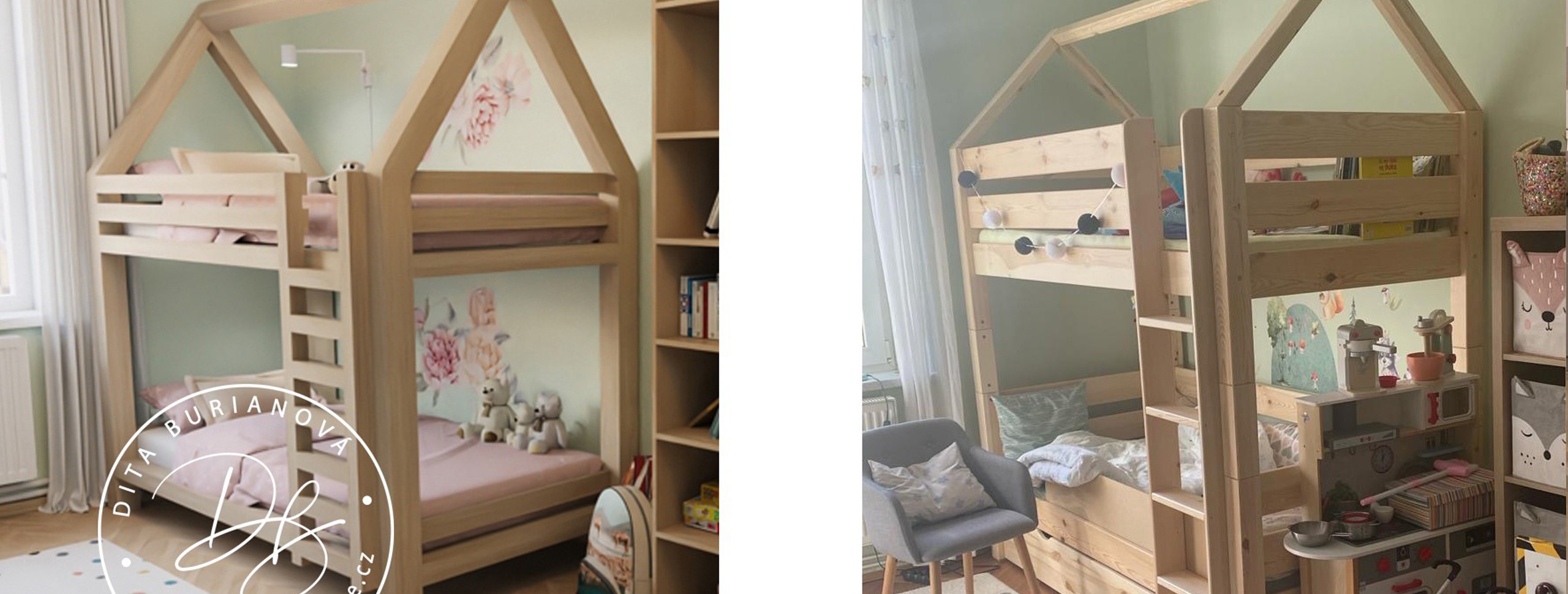 pokojíček pro dvě holčičky s domečkovou patrovou postelí, ikea pax a ikea besta
