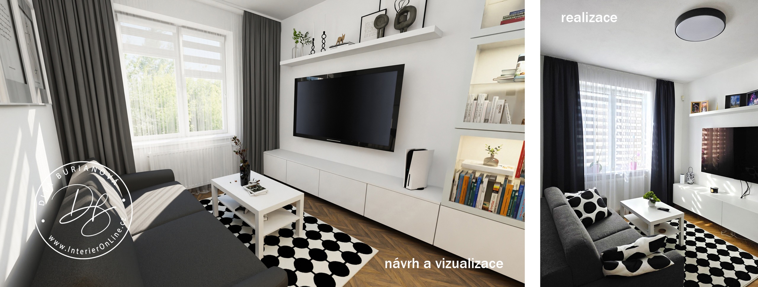 3D návrh a realizace multifunkčního pokoje. Kombinace herny a pokoje pro hosty s bílou sestavou IKEA Bestå, černobílým kobercem a rozkládací sedačkou Jech