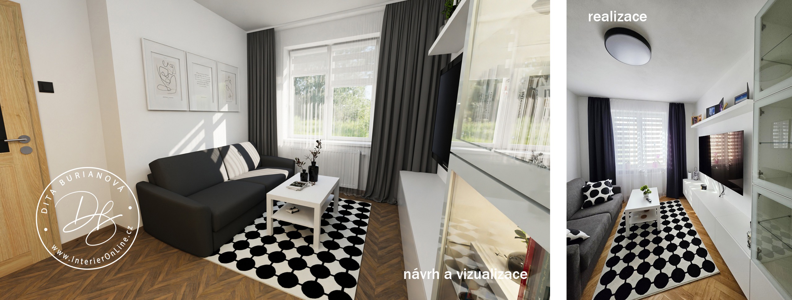 3D návrh a realizace multifunkčního pokoje. Kombinace herny a pokoje pro hosty s bílou sestavou IKEA Bestå, černobílým Ikea kobercem a rozkládací sedačkou Jech.