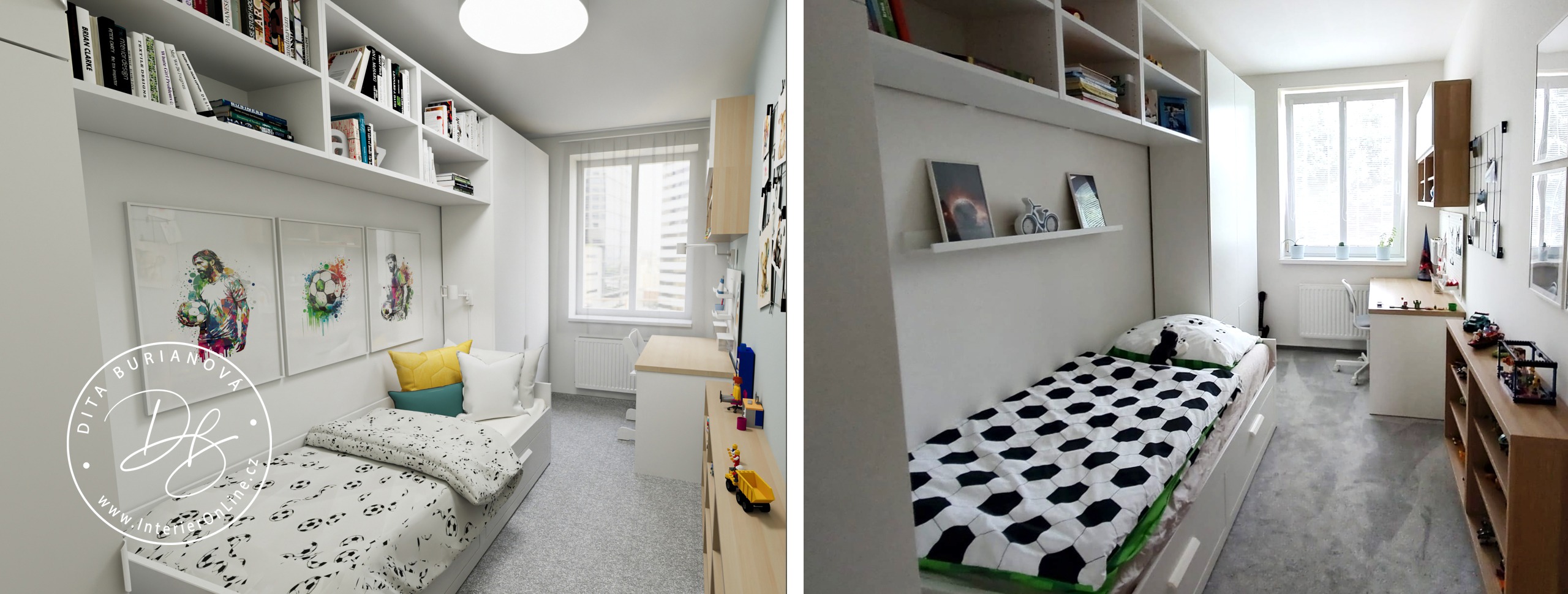úzký chlapecký pokojíček pro školáka s ikea platsa, besta a ikea alex lagkapten