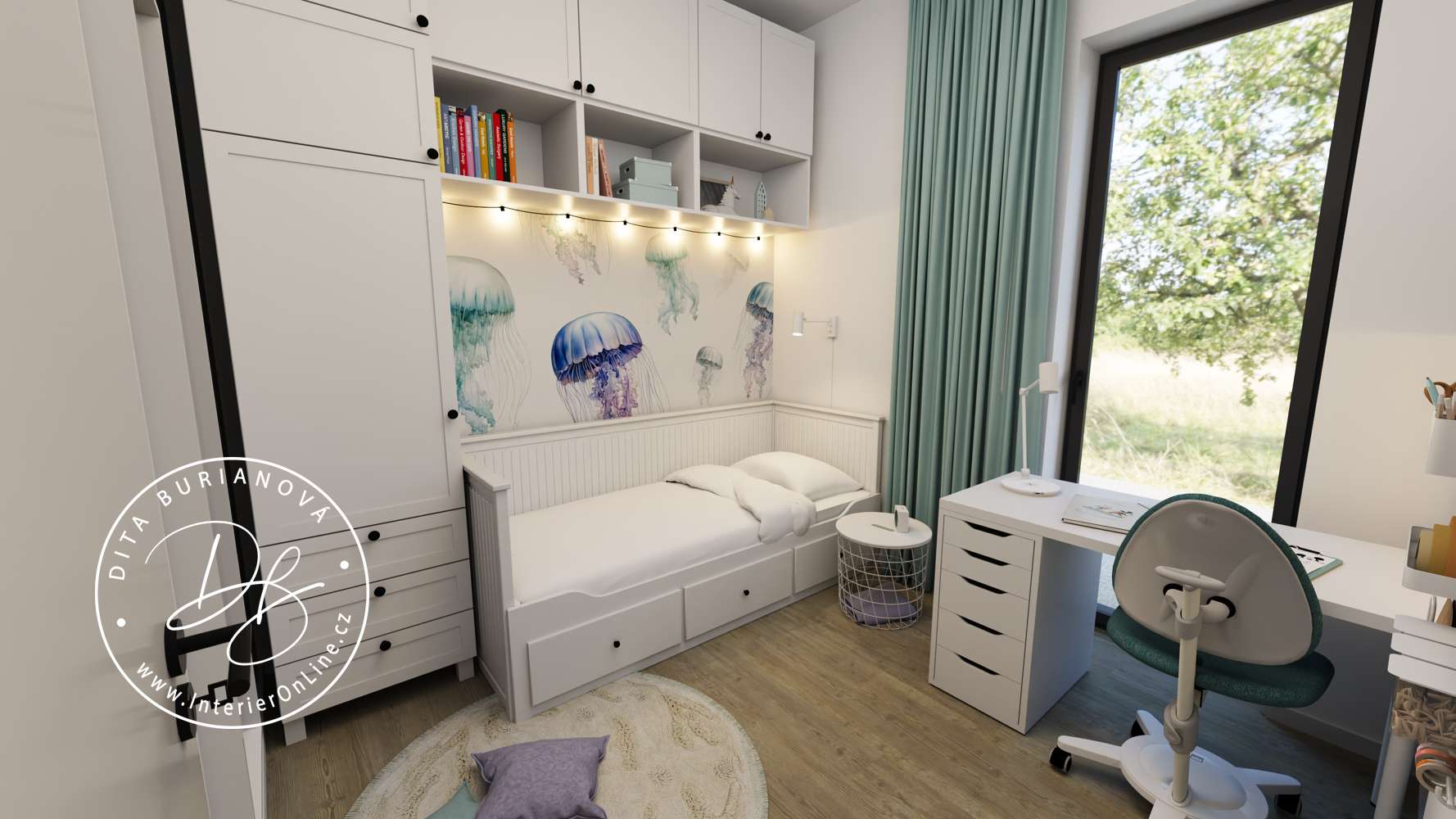 Světlý dívčí pokojík s bílou postelí IKEA Hemnes, vestavnou skříní Platsa a stolem Ikea Alex/Lagkapten