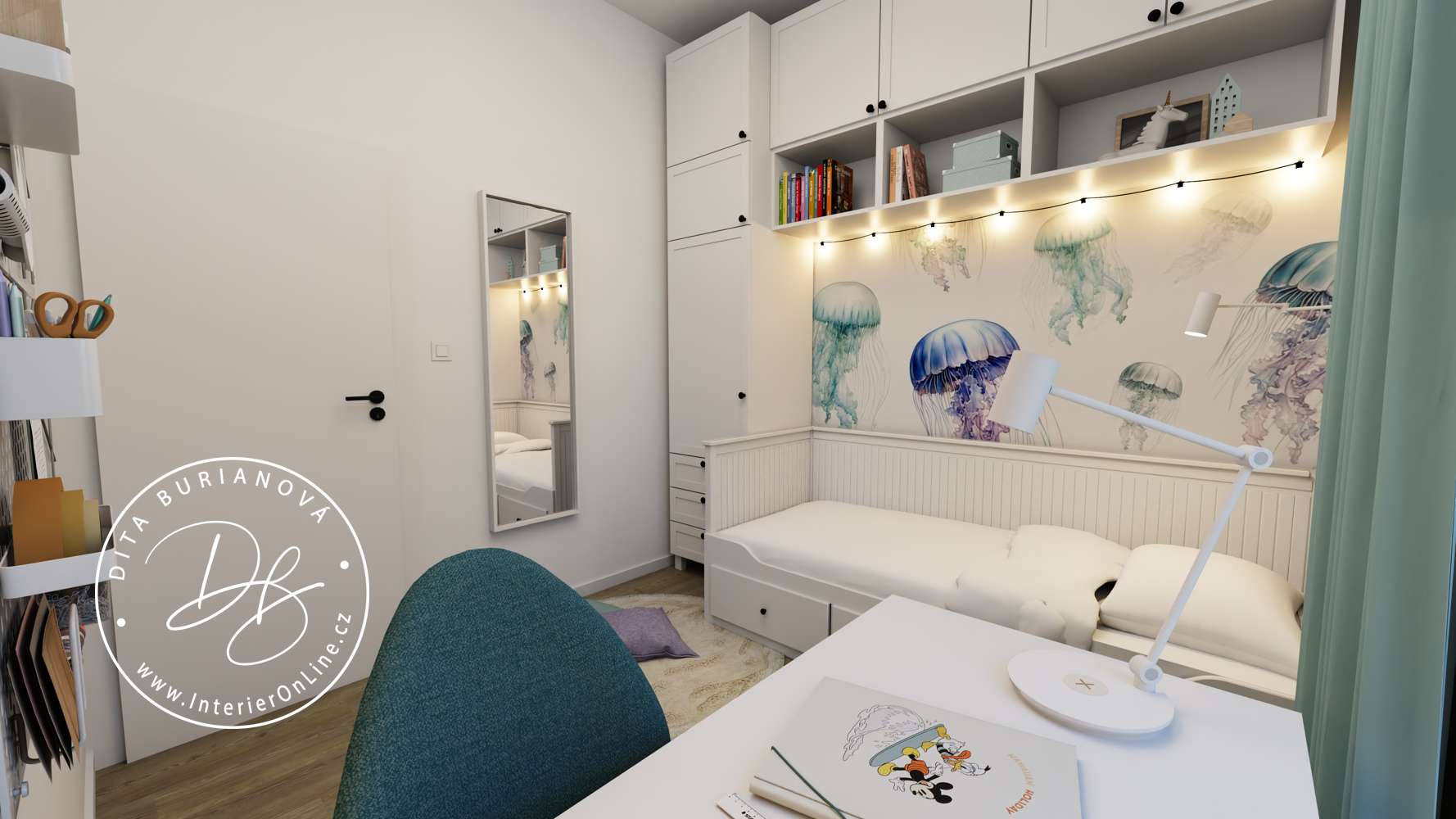 Útulný dívčí pokoj s úložnými skříňkami IKEA Platsa nad postelí Hemnes a LED osvětlením