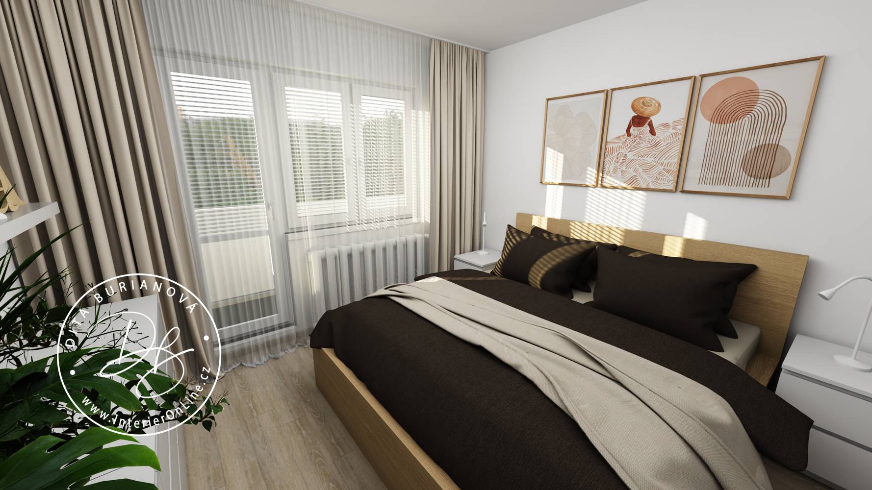 Moderní manželská postel IKEA Malm s dřevěným čelem a nočními stolky Storklinta v ložnici