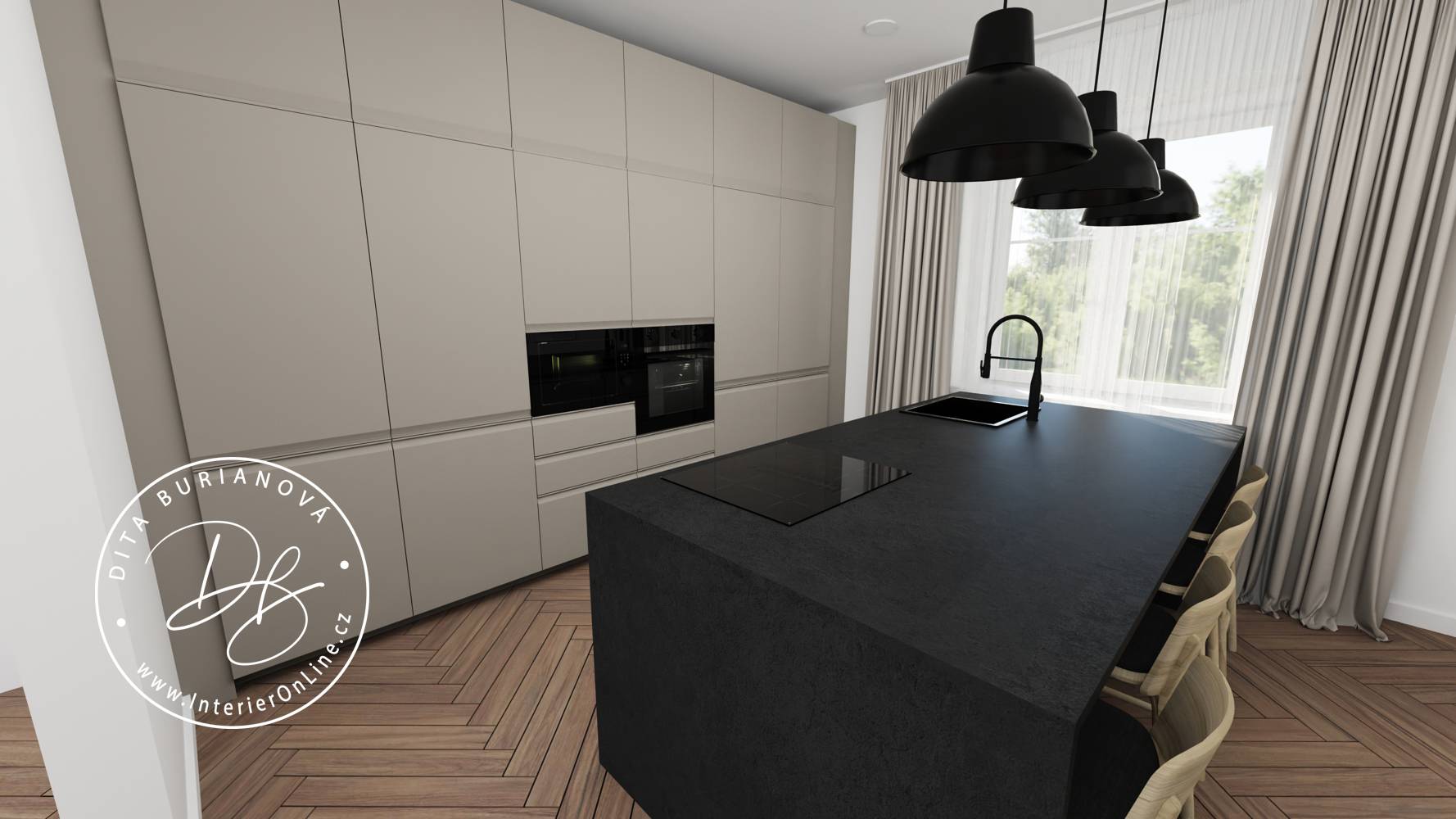 Vysoká vestavná kuchyňská stěna Ikea Metod se zabudovanou troubou vedle moderního ostrůvku