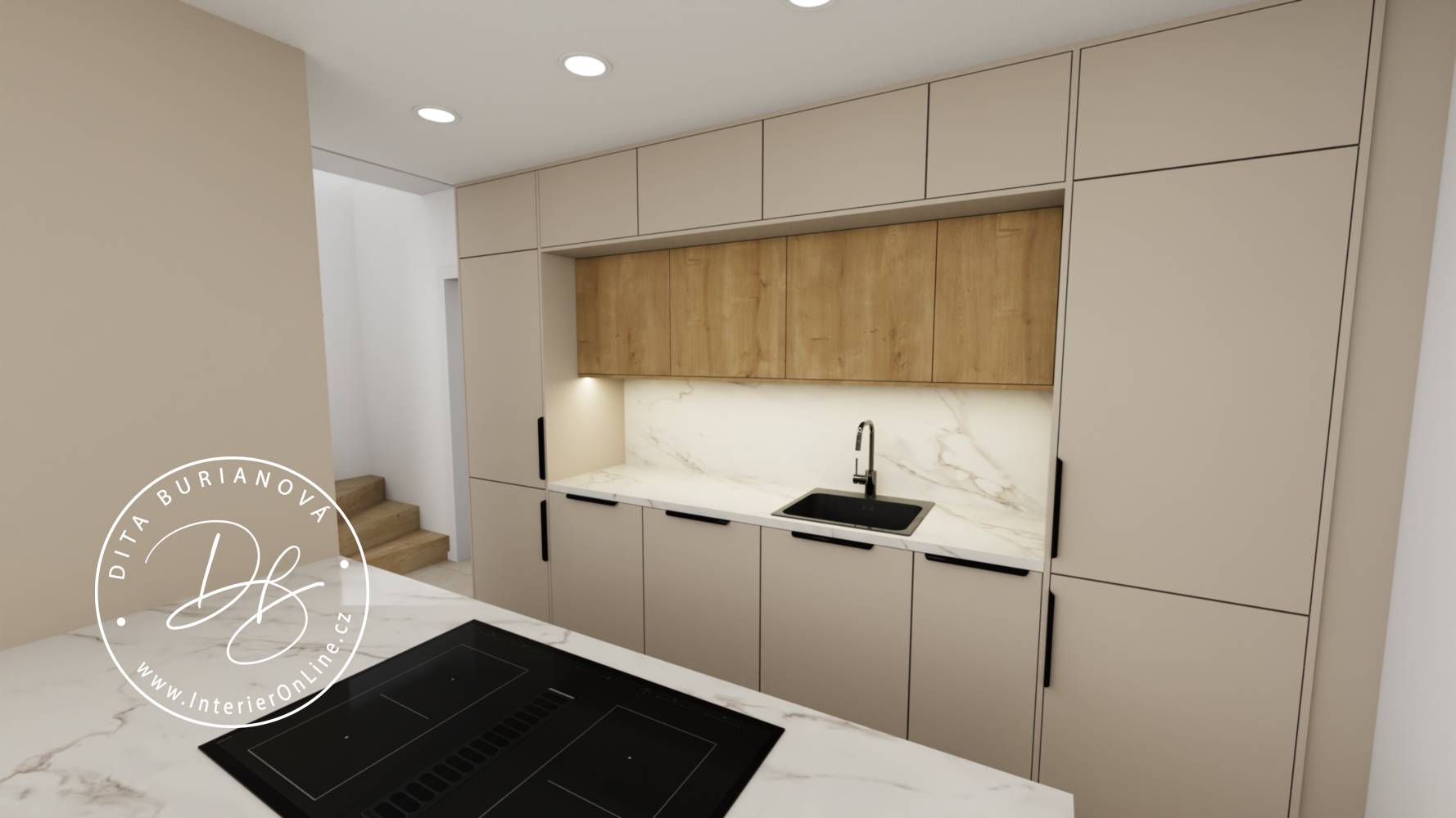 Béžová kuchyňská linka IKEA Metod s dvířky na míru, černým dřezem a dřevěnou nikou