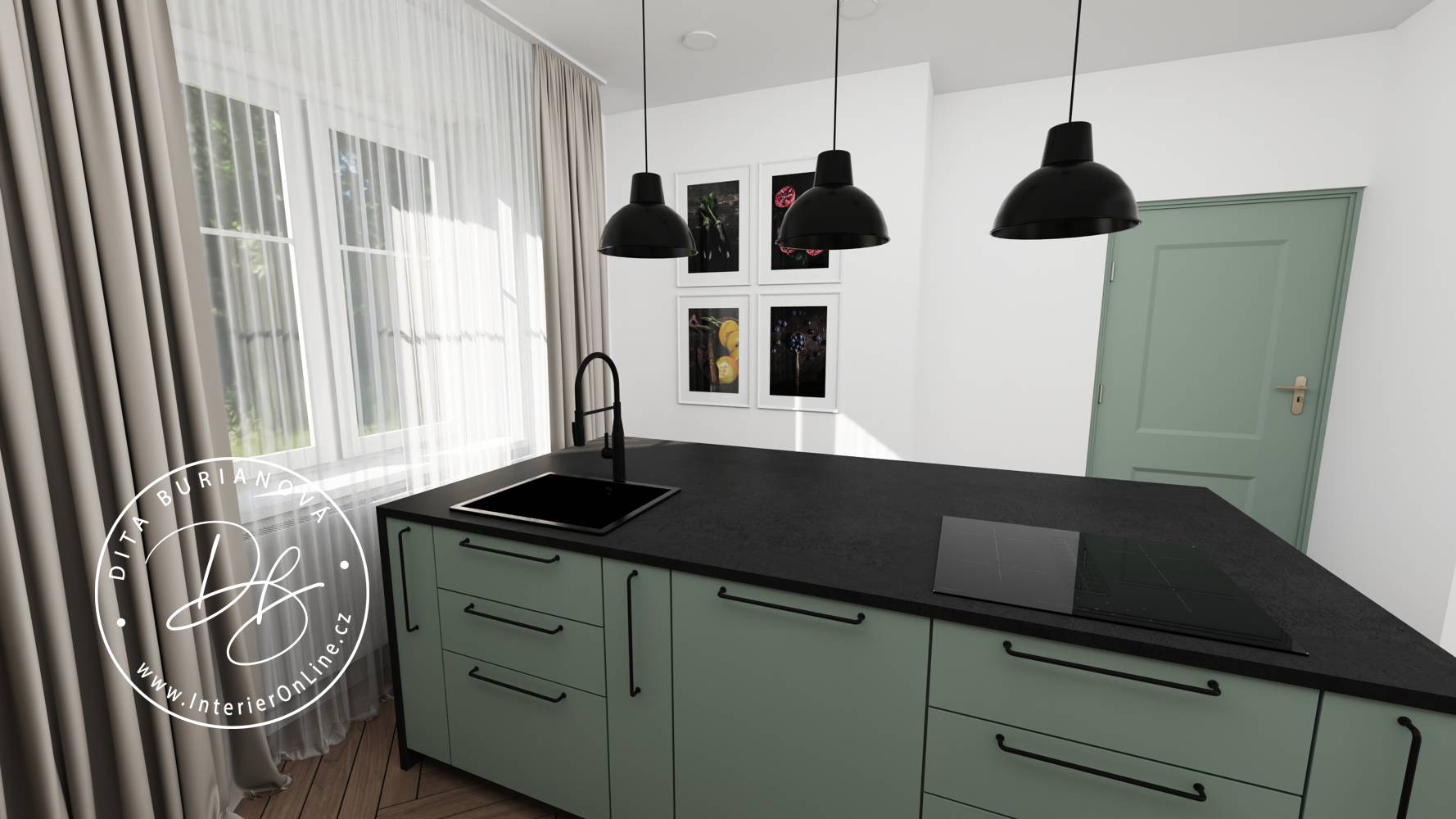 Moderní kuchyňský ostrůvek IKEA se zabudovaným dřezem, varnou deskou a černými úchytkami