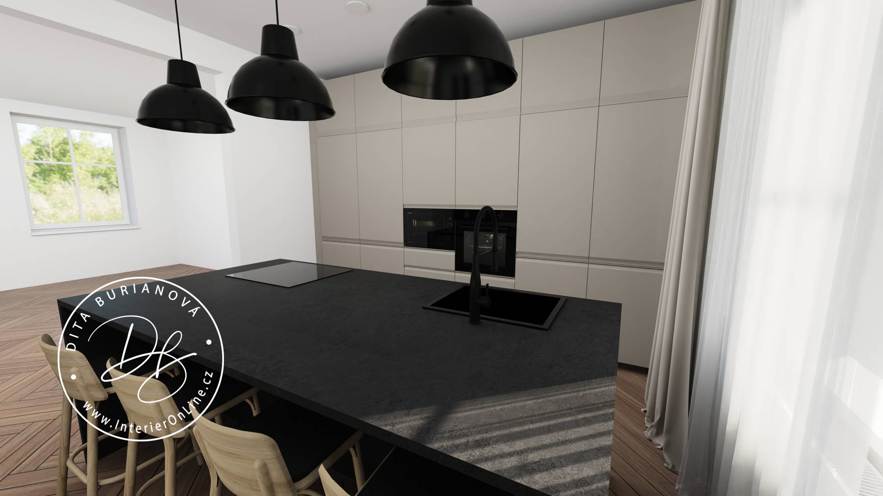 Velký kuchyňský ostrůvek Ikea Metod s barovými židlemi, černou pracovní deskou a závěsnými svítidly
