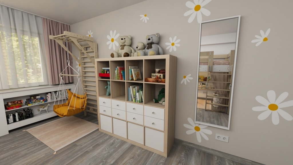 dětský pokoj pro holčičku se samolepkami květin, ikea kallax, zrcadlem a žebřinami antonie emma
