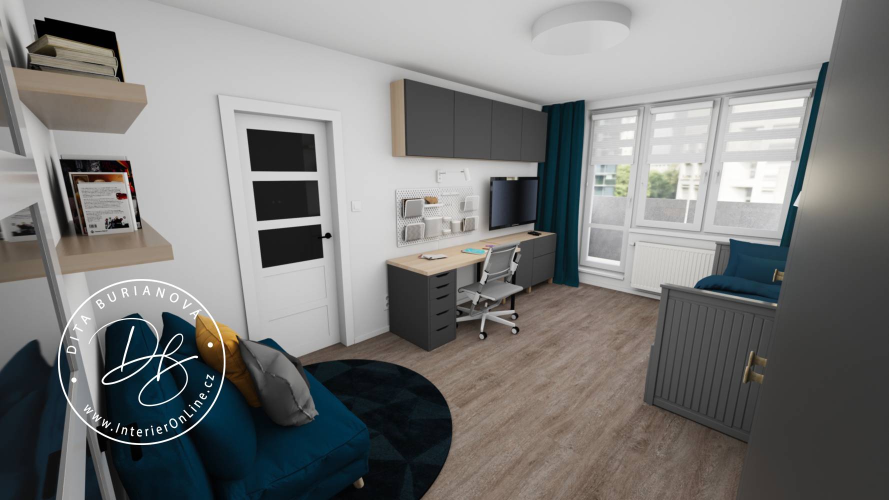 Dlouhý pracovní stůl IKEA Lagkapten s šuplíky Alex a šedými závěsnými skříňkami Bestå nad televizí