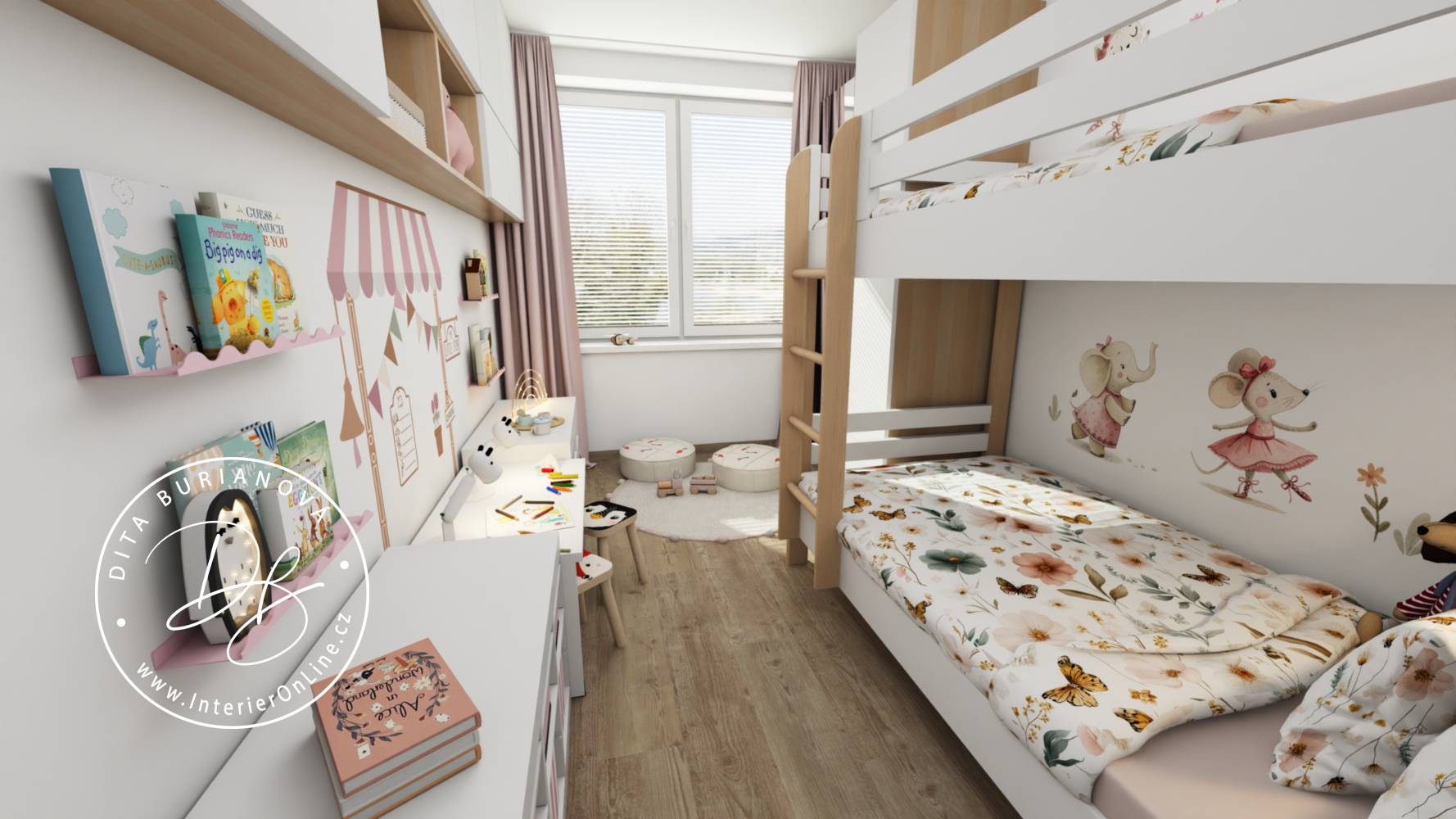 Úzký pokojík pro dvě holky s patrovou postelí na míru, skříněmi Ikea Pax a samolepkami inspio na stěně