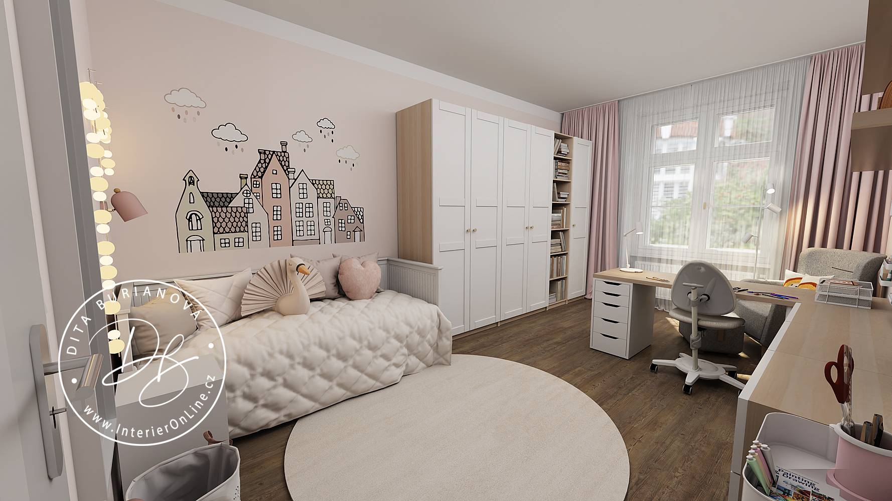 Dívčí pokojík s bílou šatní skříní IKEA Pax, rozkládací postelí Hemnes, psacím stolem Alex a samolepkou Inspio