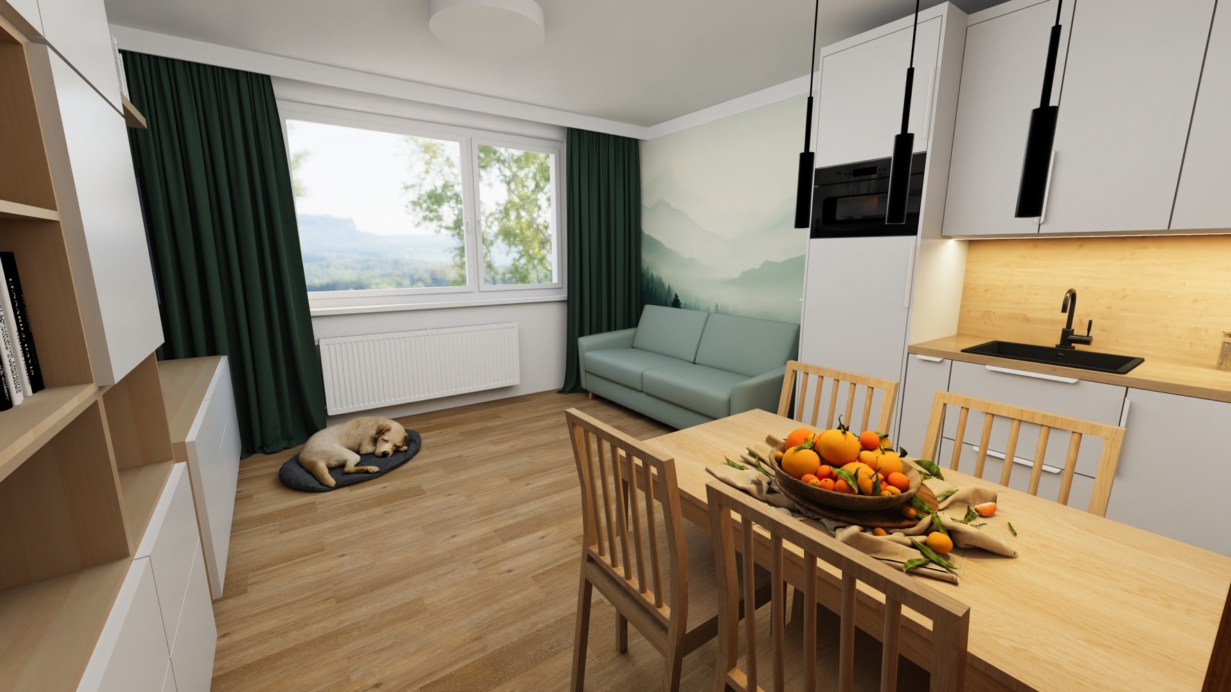 3D návrh obývacího pokoje s kuchyní a jídelním stolem. sedačka Jech, jídelní stůl a židle IKEA ekedalen