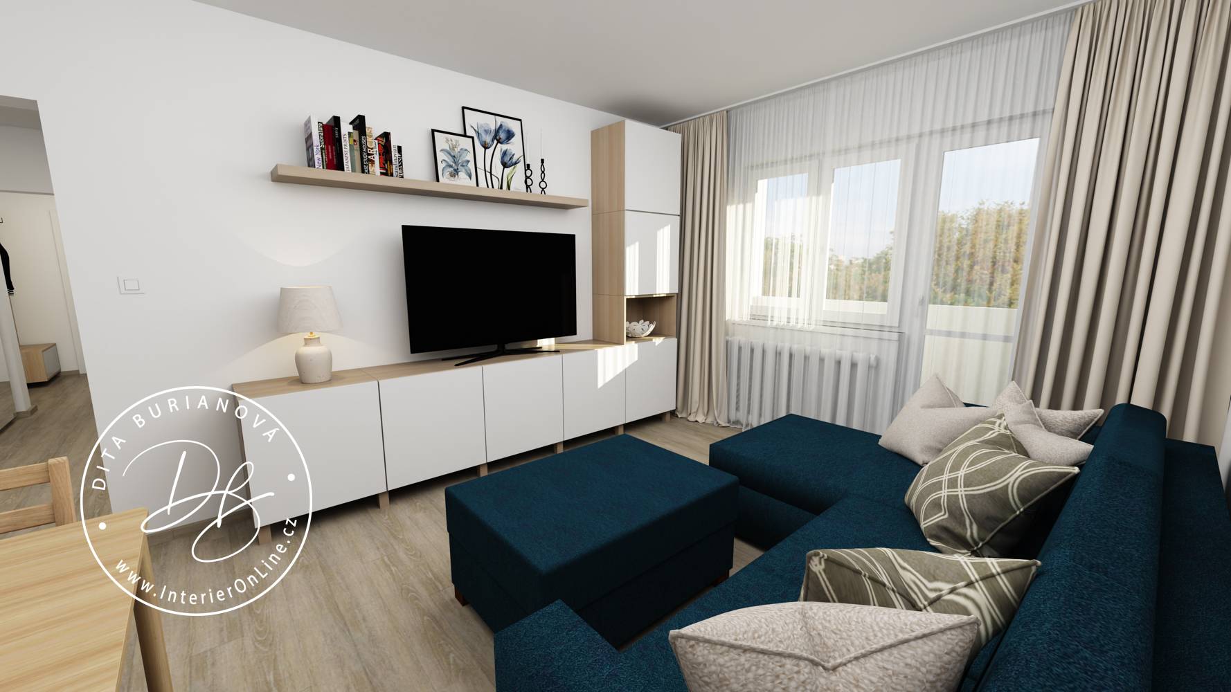Obývací pokoj s rohovou sedací soupravou IKEA Vimle, televizní stěnou Bestå a jídelním stolem Tonstad
