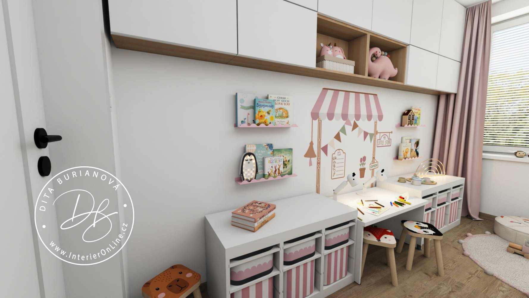 Úložné boxy IKEA Trofast, nástěnná sestava Bestå a dětské samolepky inspio na zdi pro dvě holky
