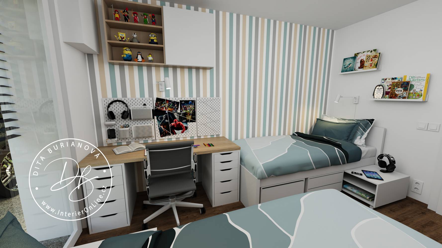 Klukovský pracovní stůl IKEA Lagkapten s šuplíky Alex, nástěnnou skříňkou Bestå a pruhovanou tapetou