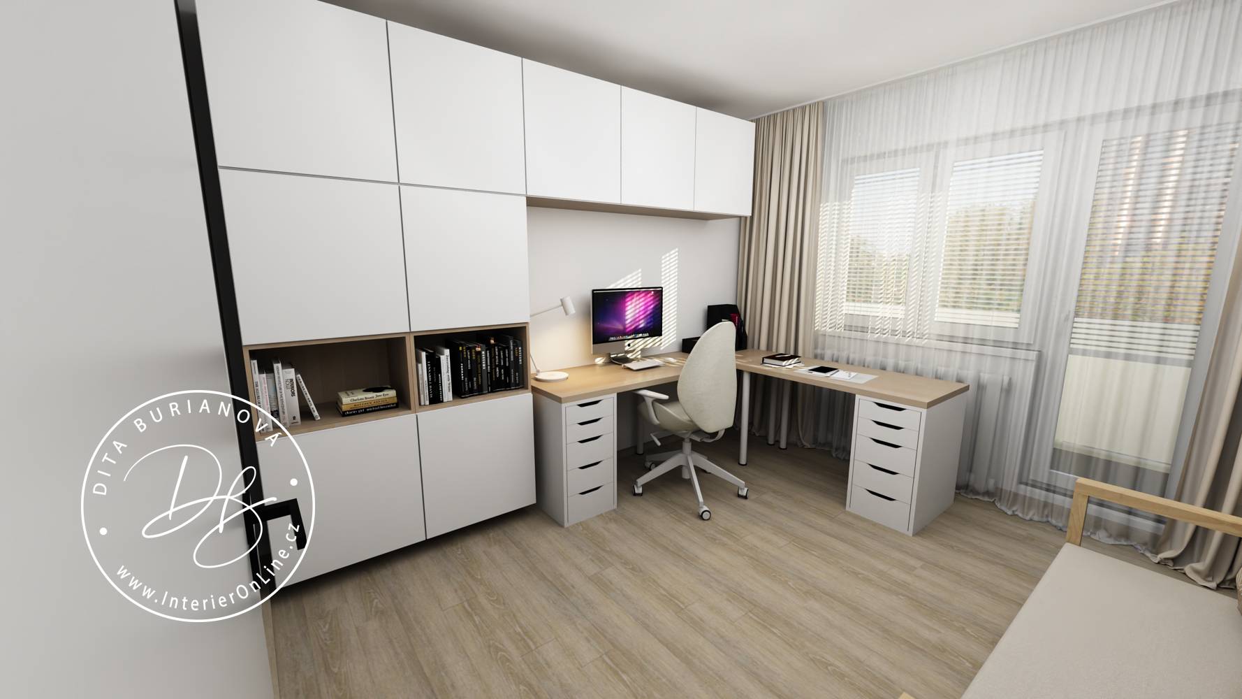 Domácí pracovna s rohovým psacím stolem IKEA Lagkapten, šuplíky Alex a skříňkami Bestå na zdi