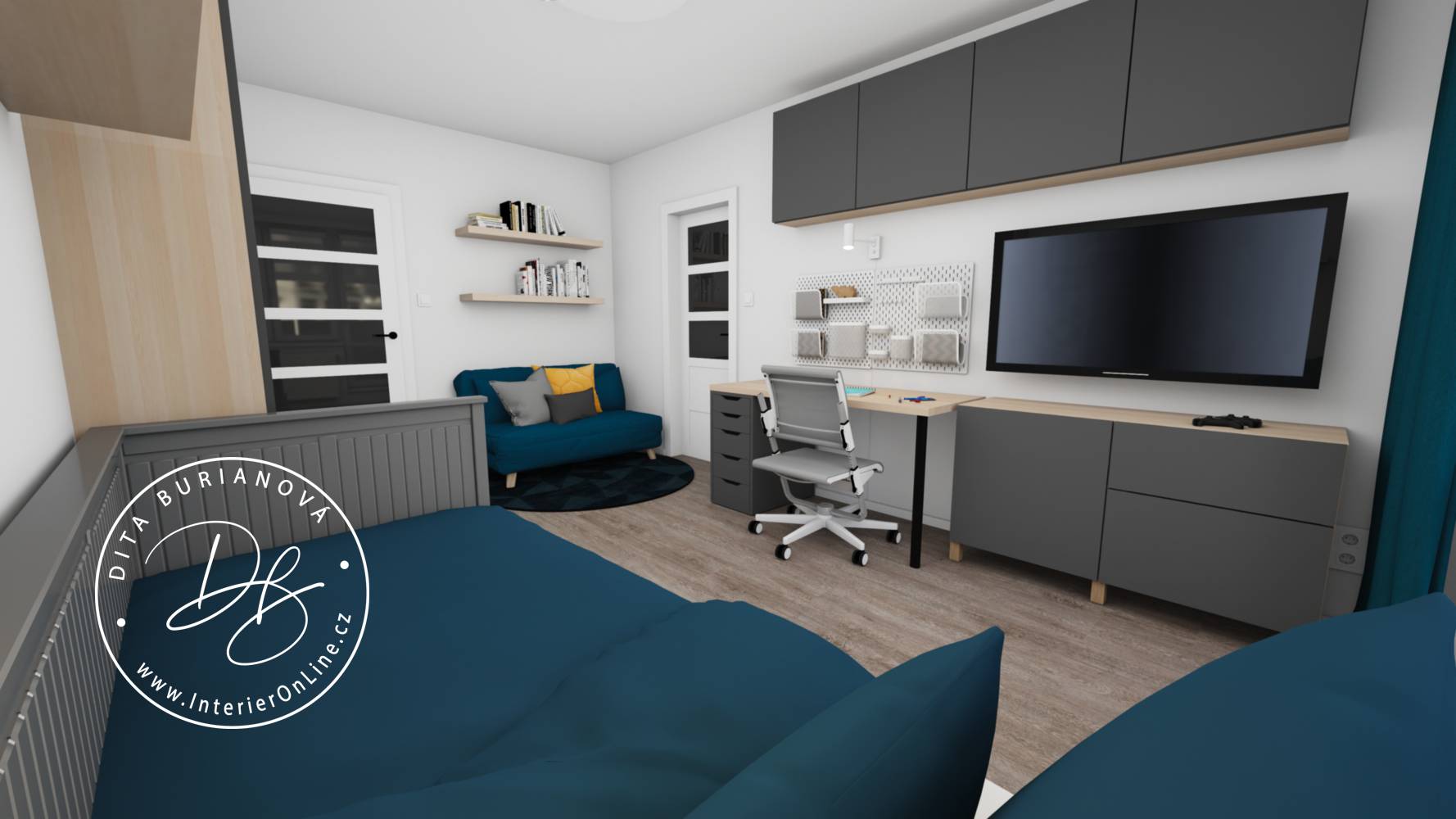 Studentský pokoj pro kluka s rozkládacím gaučem, psacím stolem a šatní skříní IKEA Pax