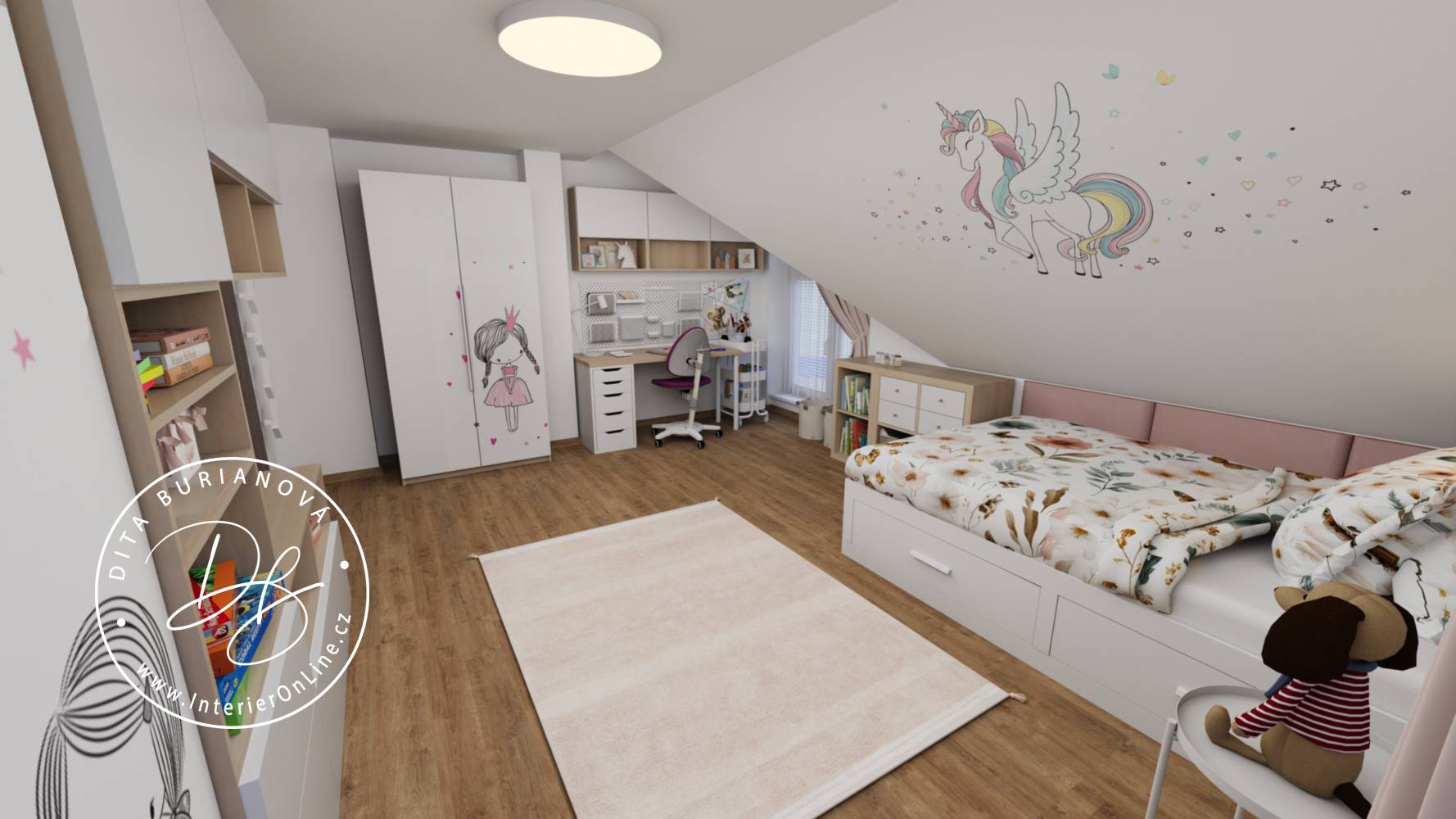 ětský podkrovní pokoj pro holku s postelí IKEA Brimnes, psacím stolem a samolepkou jednorožce Inspio na šikmině