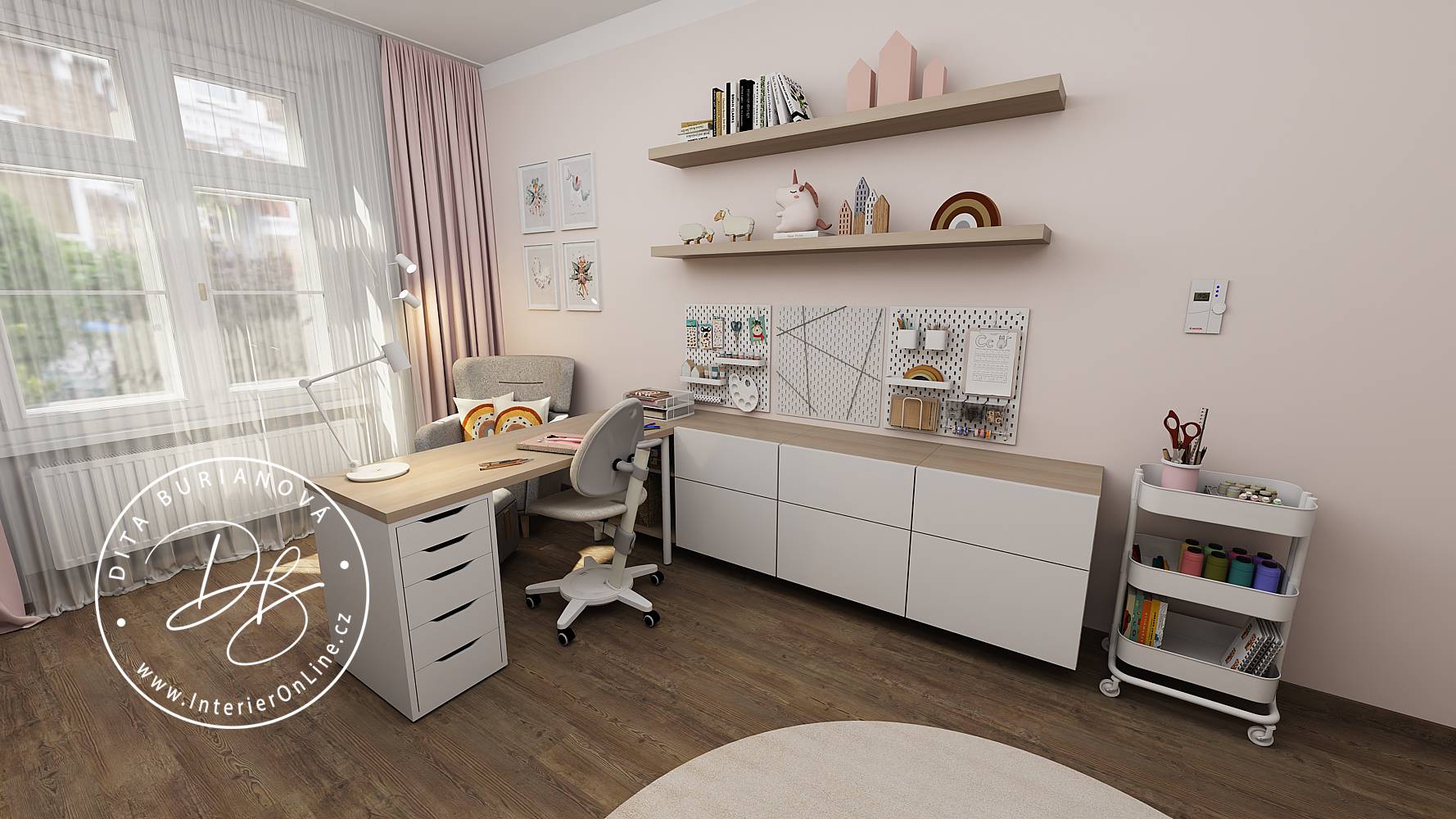 Dívčí pracovní stůl IKEA Lagkapten s šuplíky Alex, skříňkami Besta, policemi Lack a nástěnkou Skådis