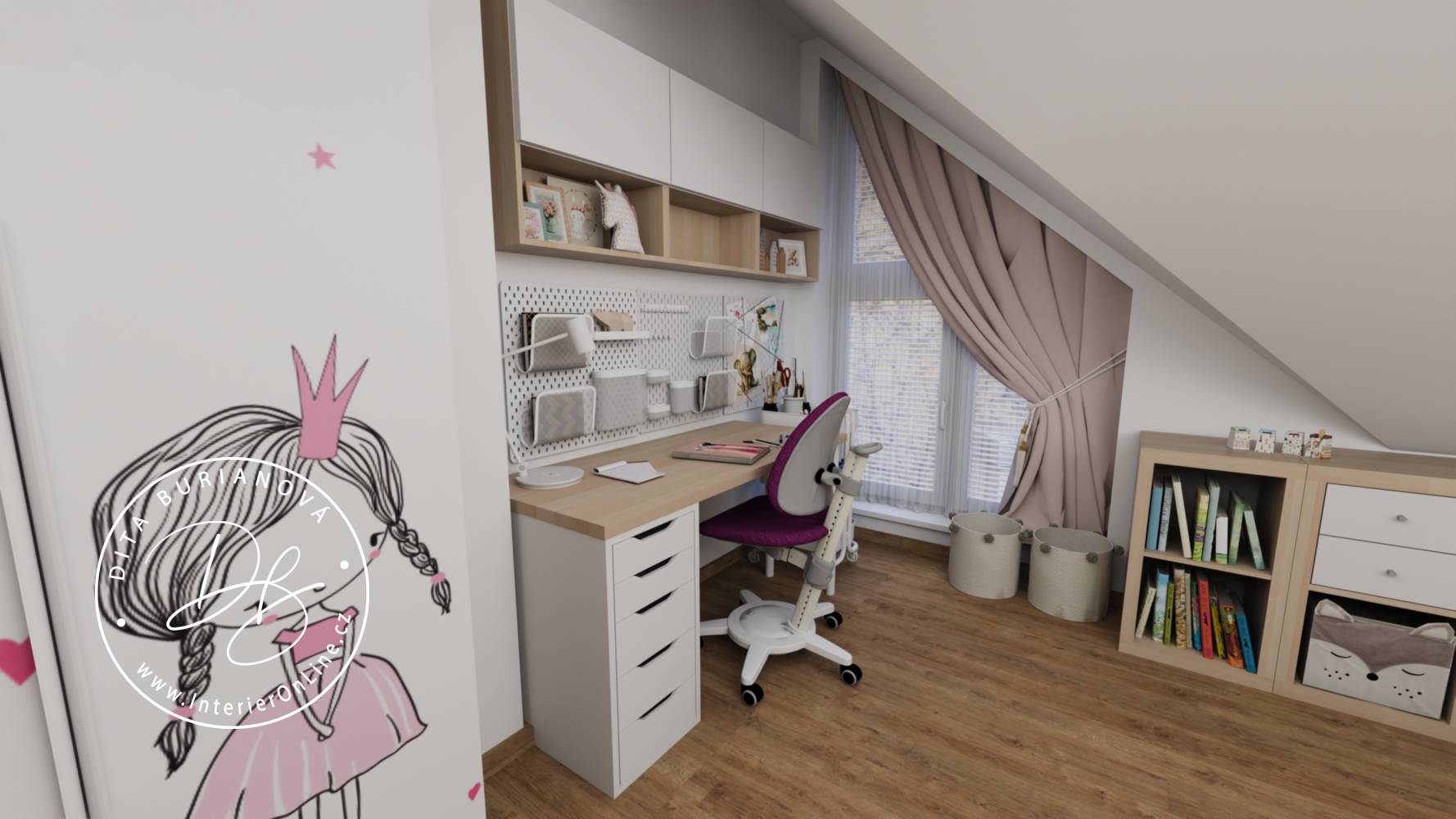 Dívčí psací stůl IKEA Lagkapten s šuplíky Alex pod šikminou, závěsnými skříňkami Bestå a samolepkou Inspio