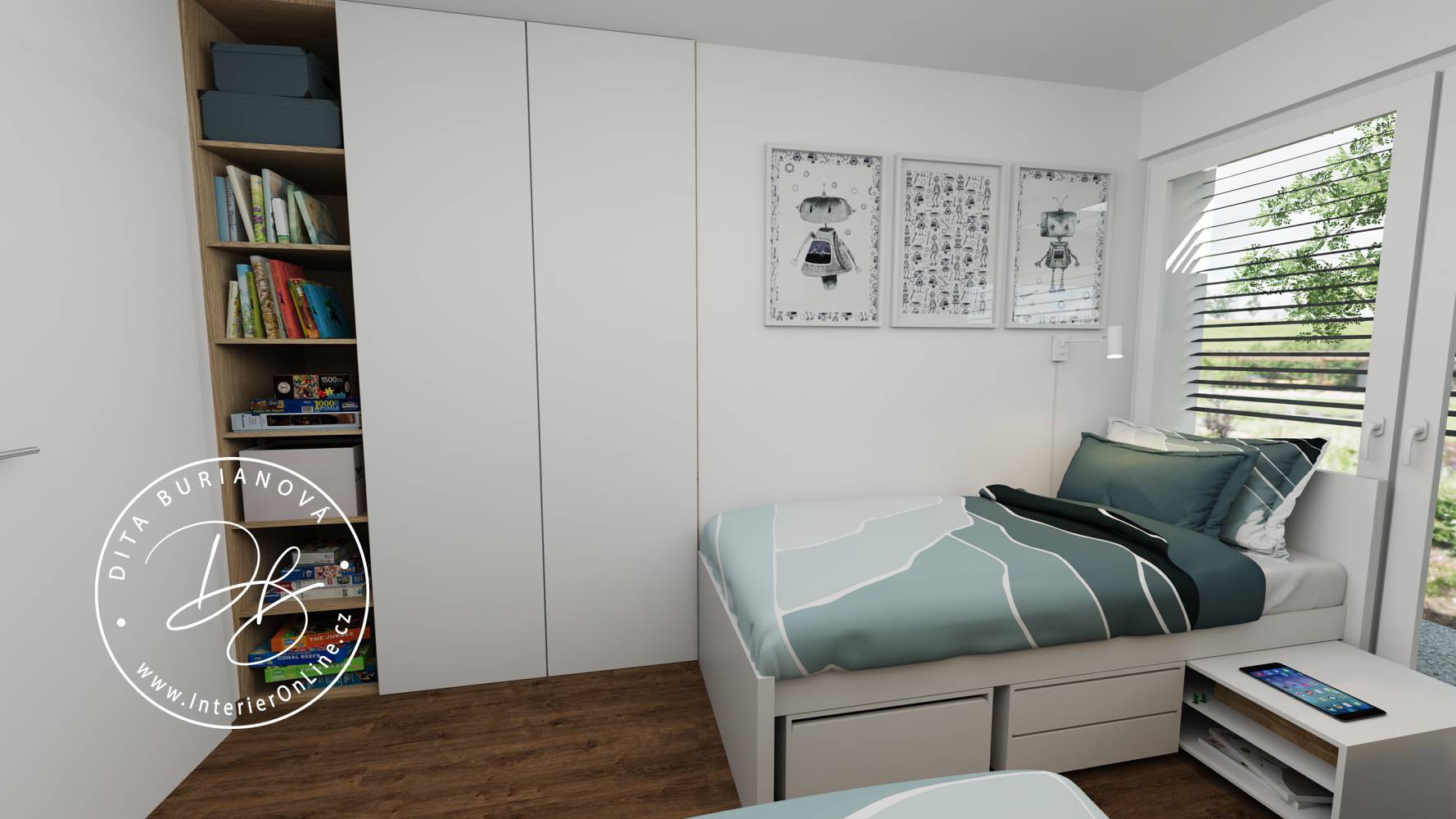 Postel na míru s IKEA Släkt zásuvkami pod postel, bílou šatní skříní a policemi na knížky na míru