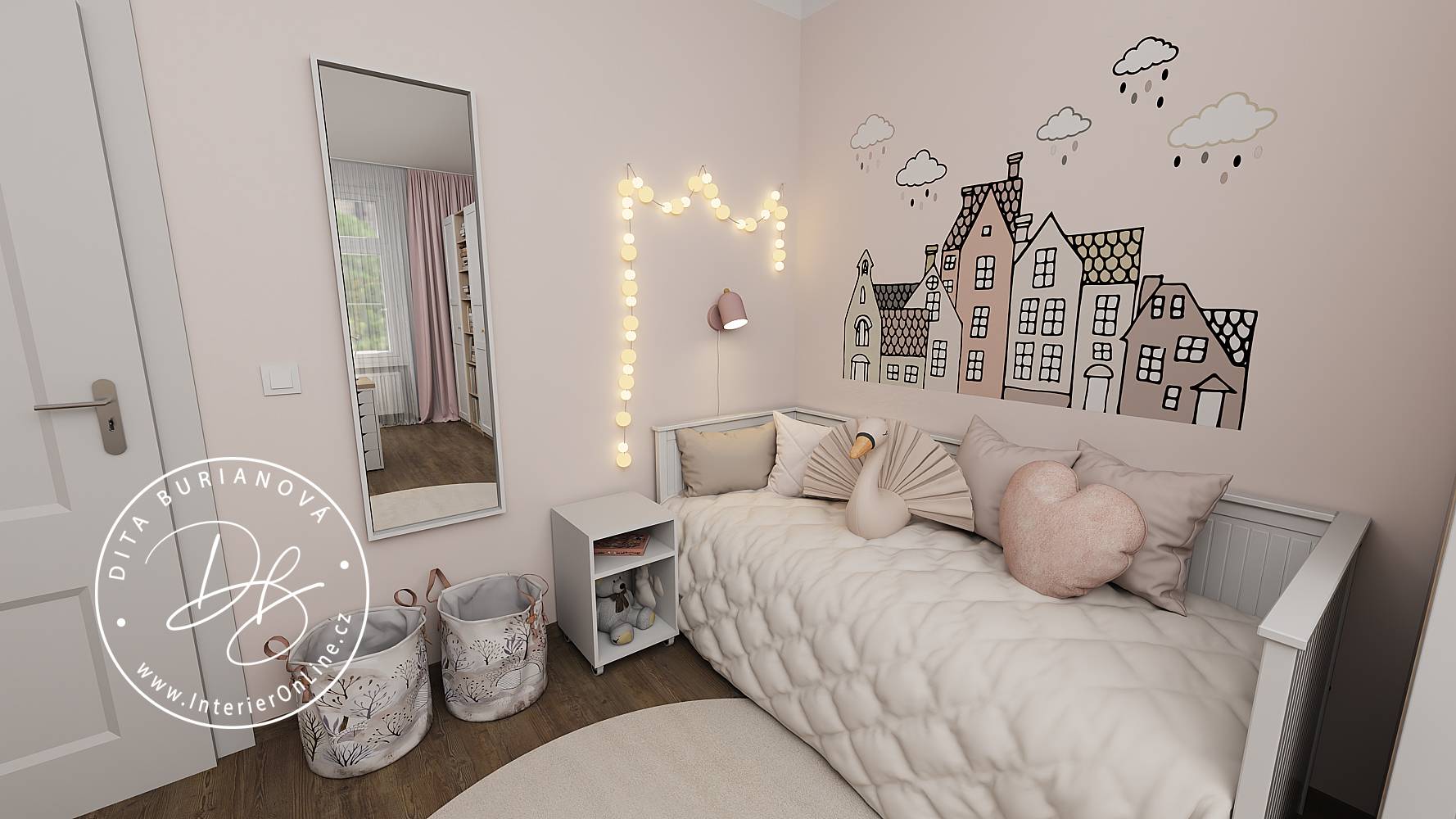 Bílá dětská postel IKEA Hemnes se samolepkou Inspio, svítícím řetězem na zdi a zrcadlem Ikea Nissedal