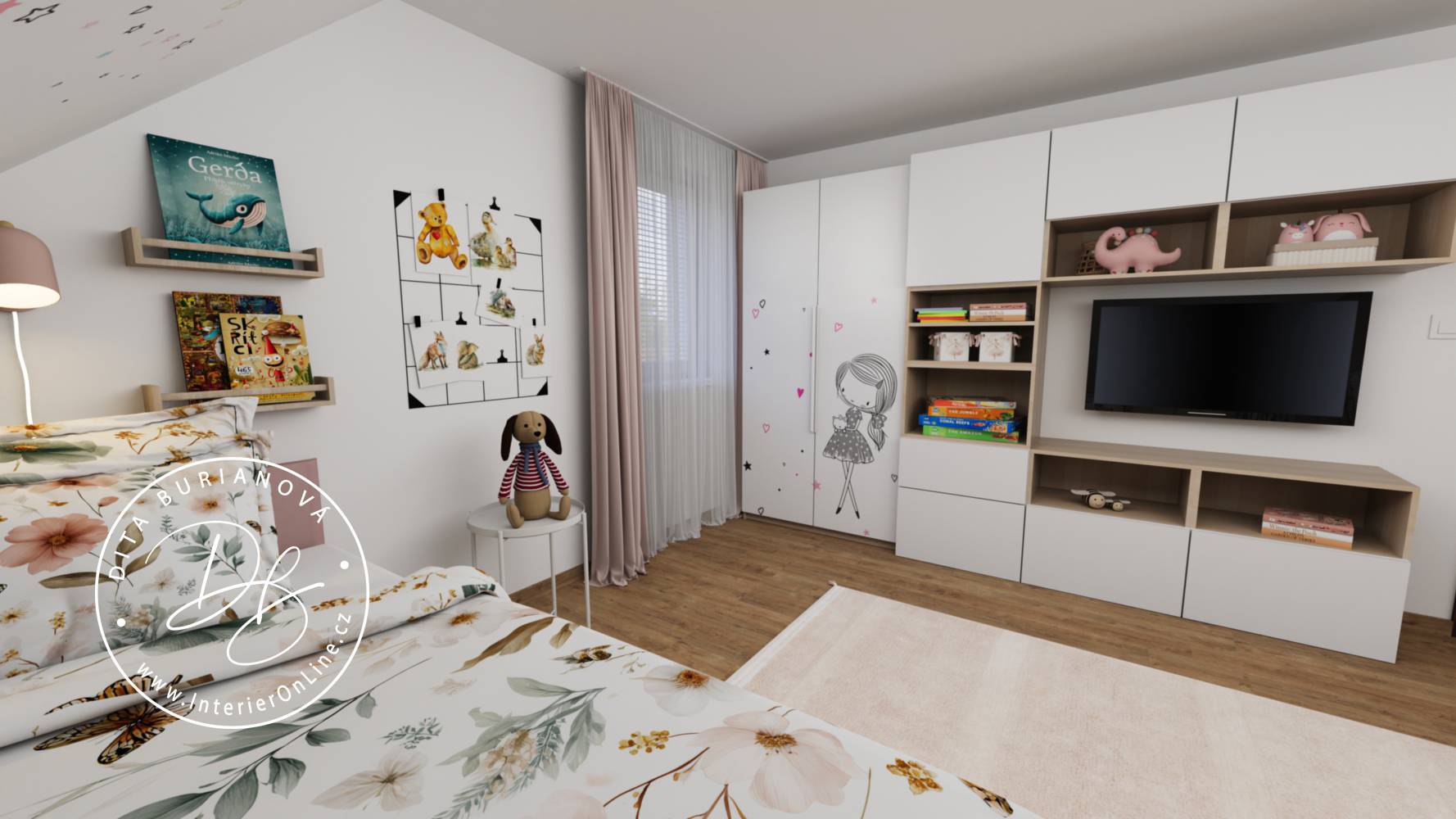 Podkrovní dívčí pokoj s úložnou sestavou Bestå, nástěnkou Ikea Sosdala a samolepkou Inspio