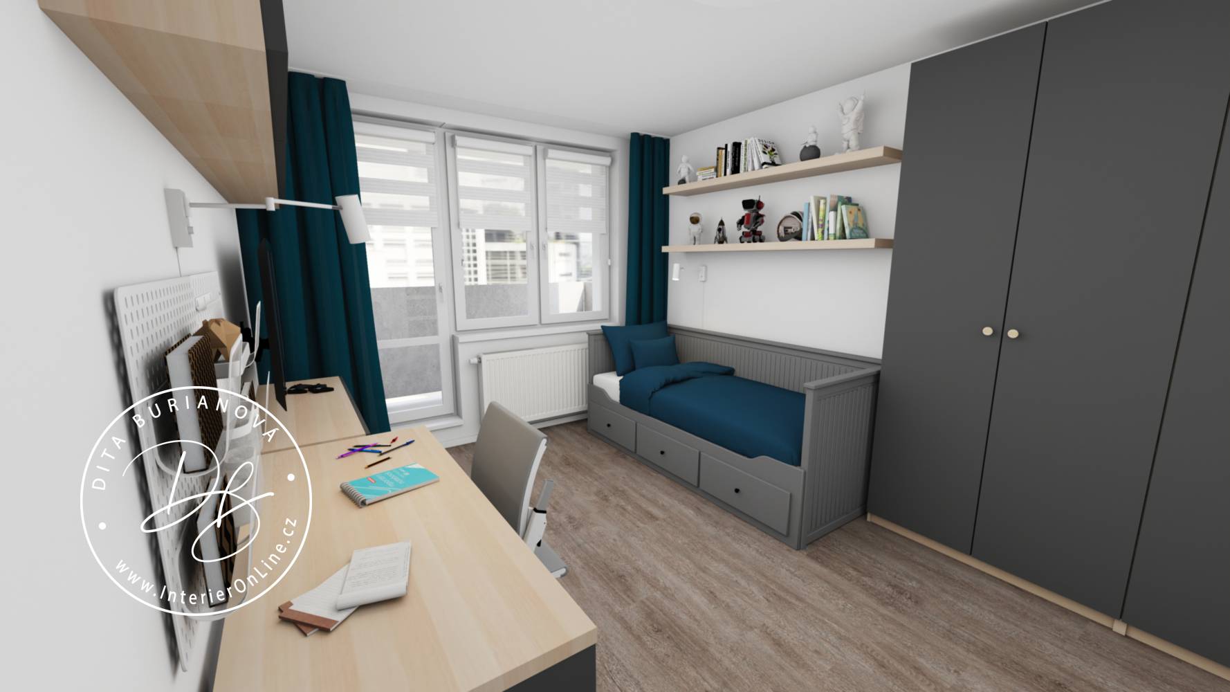 Moderní chlapecký pokoj s šedou rozkládací postelí IKEA Hemnes a skříňkami Besta