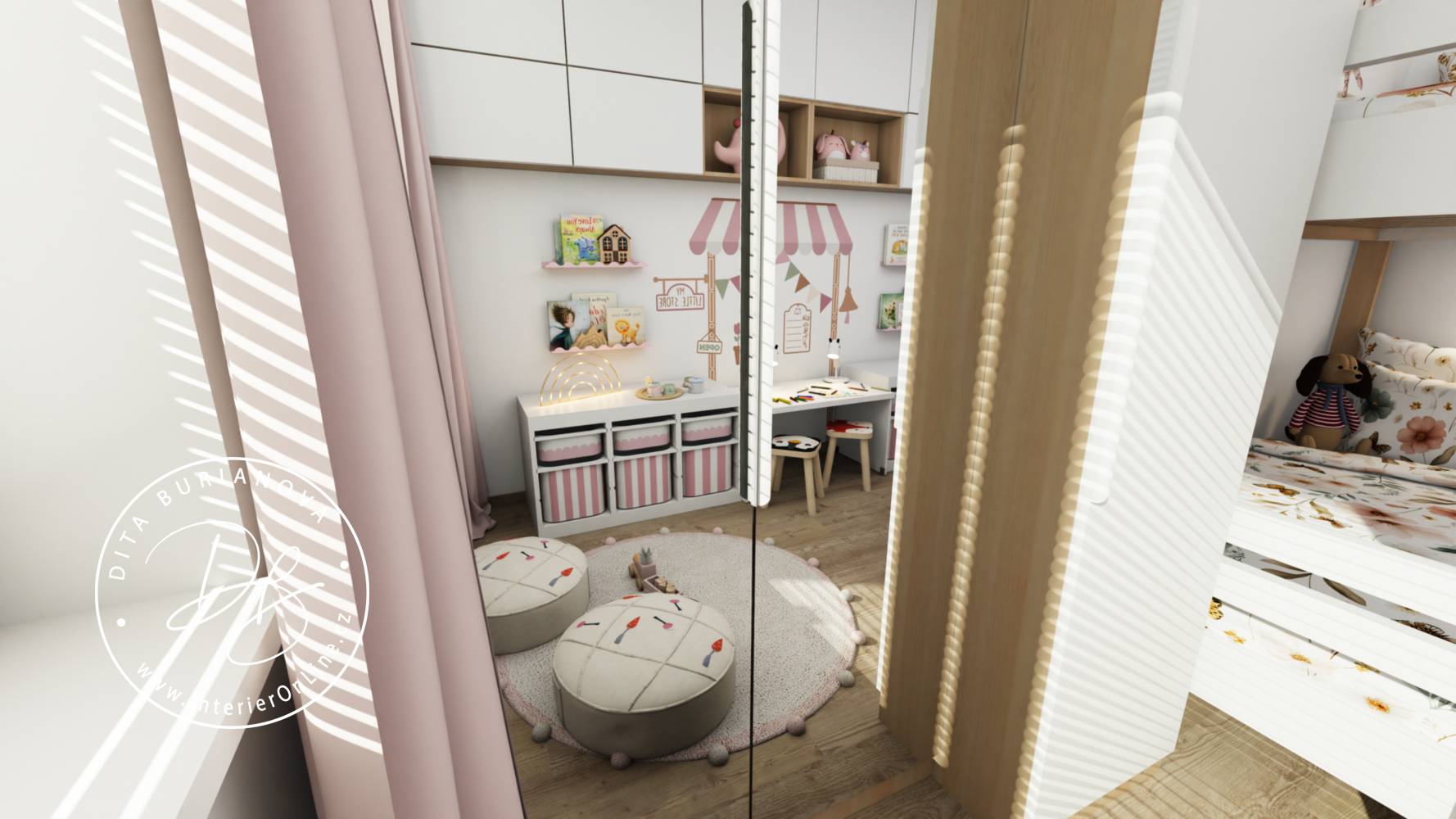 Úzký dětský pokoj pro dvě holky se zrcadlovou skříní IKEA Pax a skříňkami Bestå a Trofast