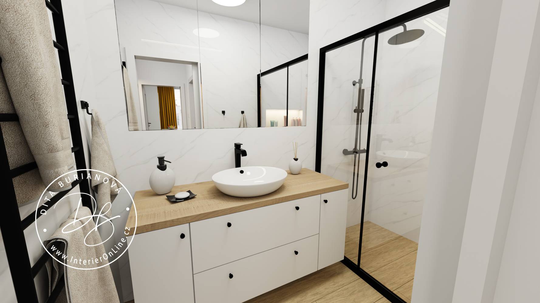 Moderní koupelna s bílou skříňkou pod umyvadlo na míru, velkým Ikea zrcadlem a sprchovým koutem