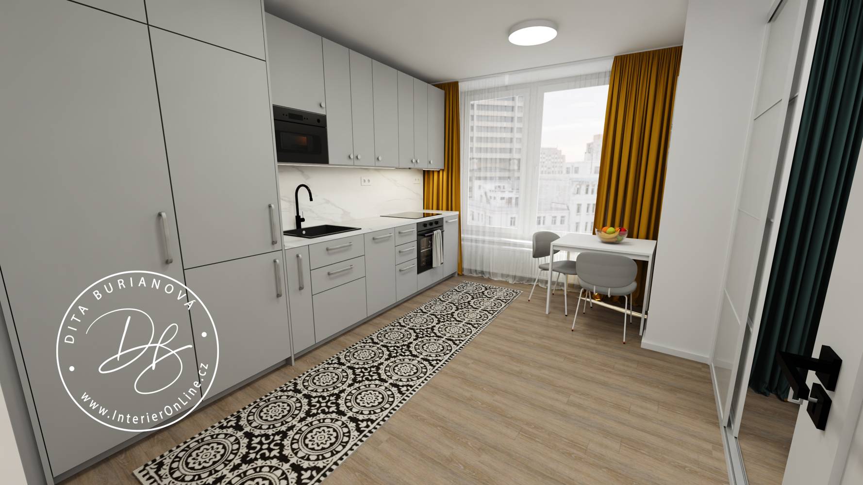 Lineární moderní kuchyňská linka IKEA v šedé barvě s deskou imitující mramor