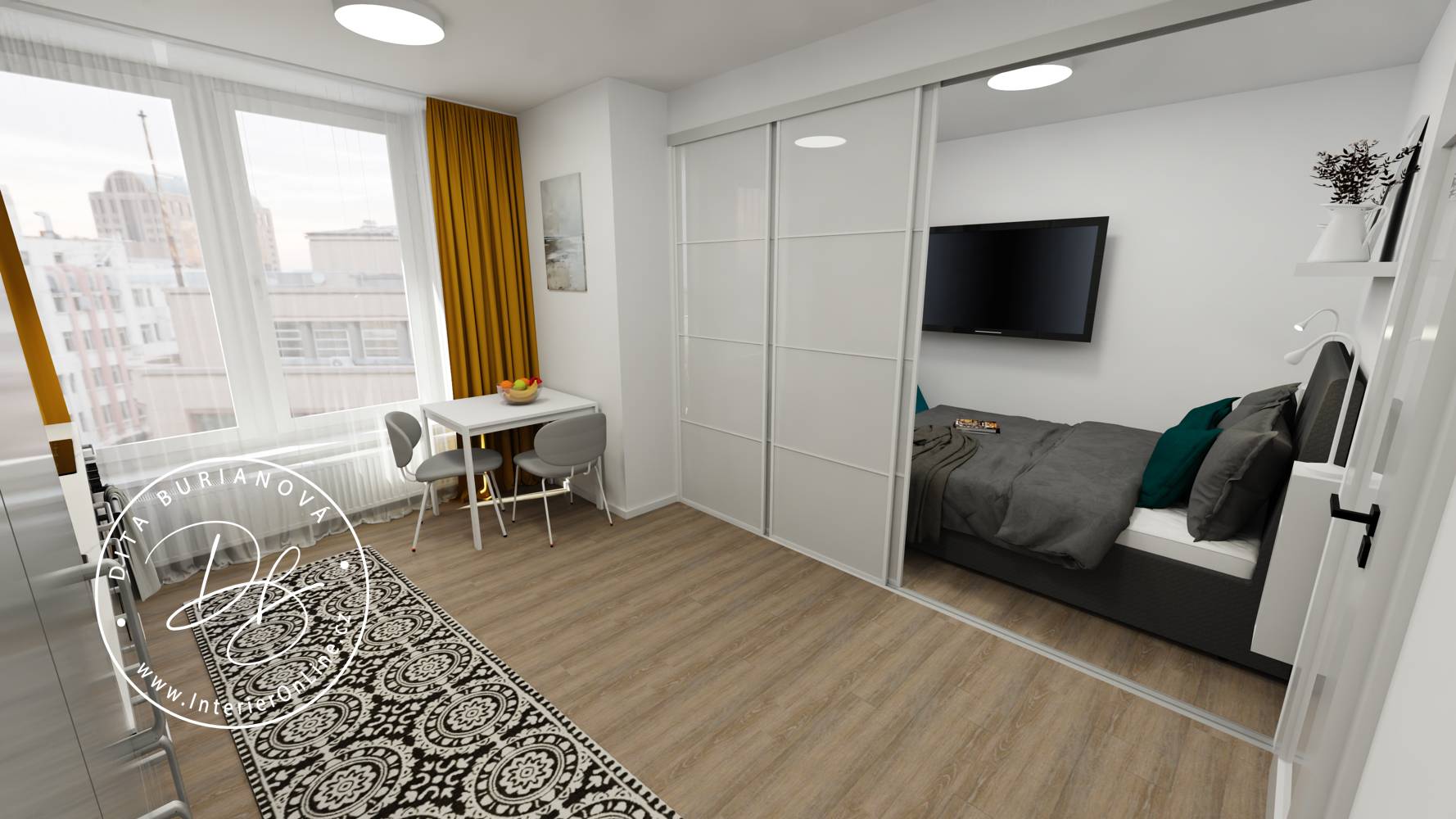 Ložnice oddělená bílou posuvnou stěnou IKEA od obývacího prostoru, boxspring postel