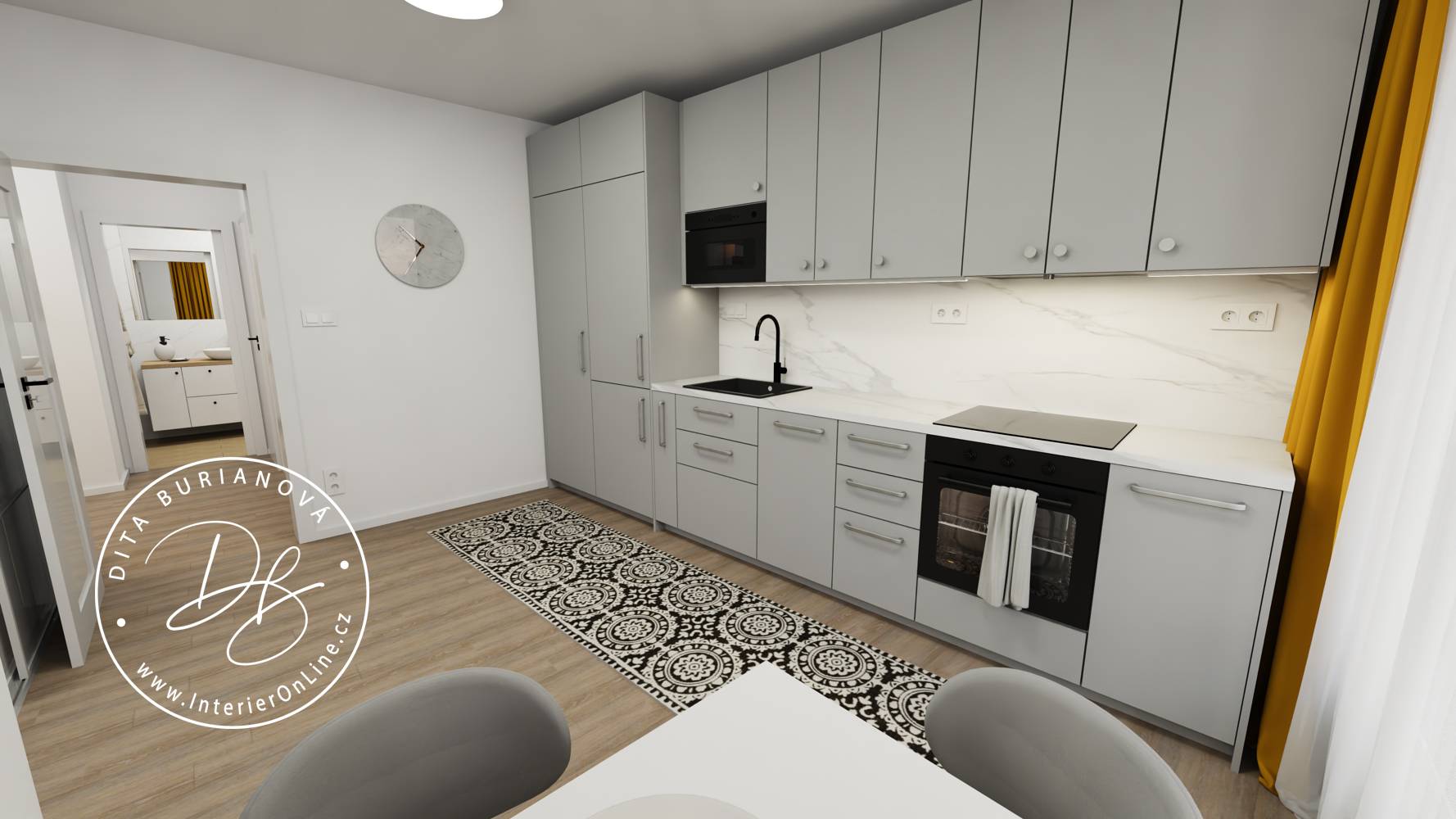 Šedá moderní kuchyně IKEA se všemi spotřebiči a potravinovou skříní
