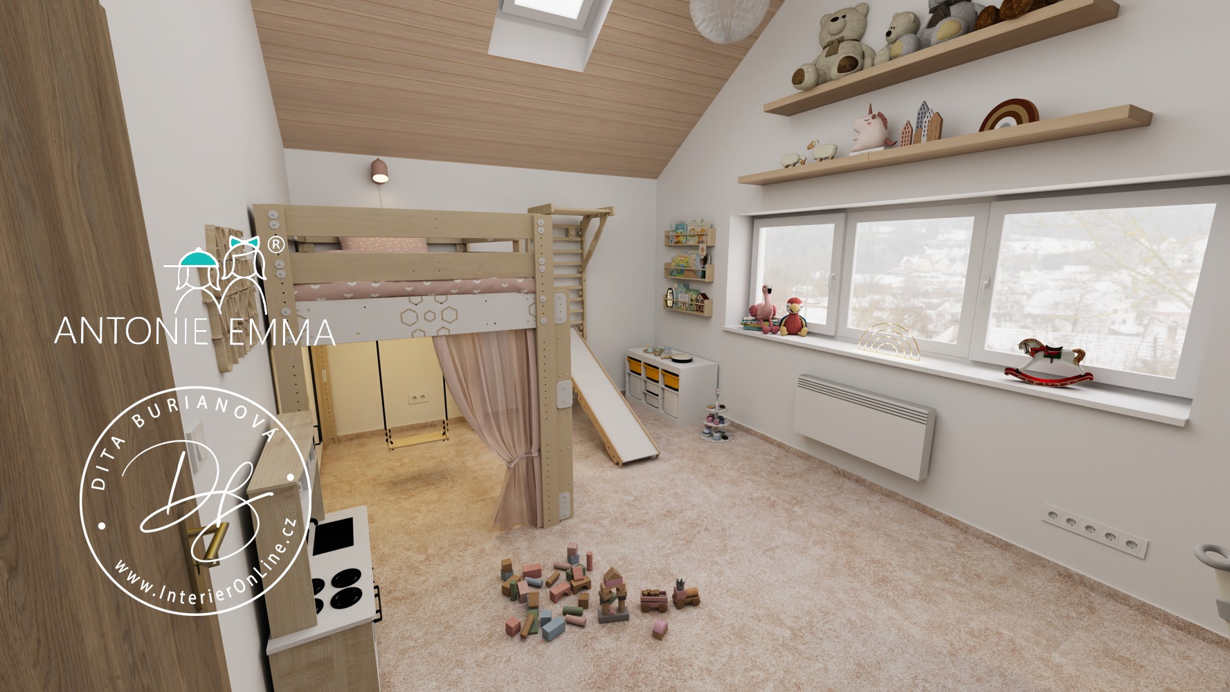 Inspirace pro dětský pokoj pro holku v podkroví. Patrová postel Antonie Emma, ikea trofast a flisat na hračky a knížky